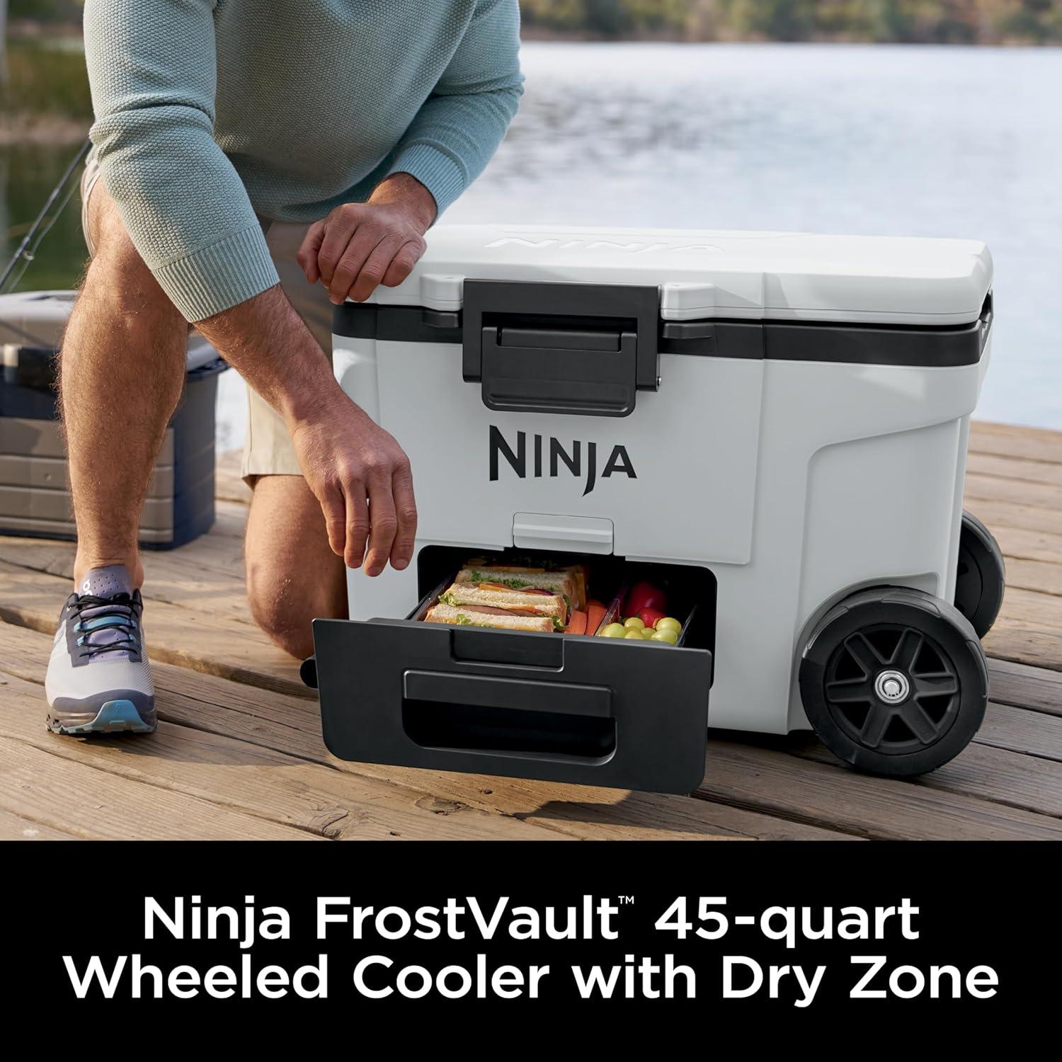 imageNinja FrostVault 65qt Wheeled Cooler with Cold Dry Zone Integrated FridgeTemp Dry Storage Drawer Premium HeavyDuty Insulated Cooler Keeps Ice Cold for Days Strawberry Rhubarb FB265BPCloud White
