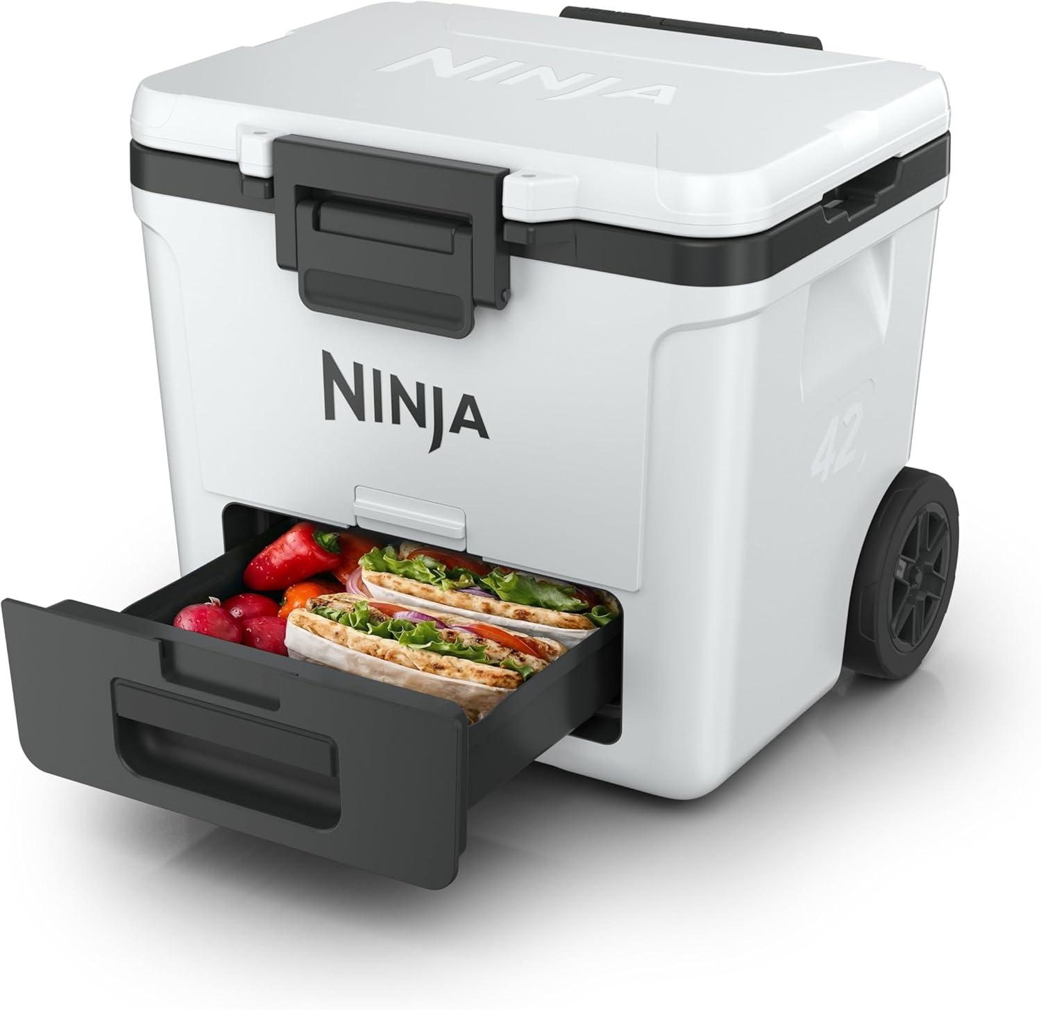 imageNinja FrostVault 42qt Wheeled Cooler with Cold Dry Zone Integrated FridgeTemp Dry Storage Drawer Premium HeavyDuty Insulated Cooler Keeps Ice Cold for Days Halocline Green FB242TLCloud White