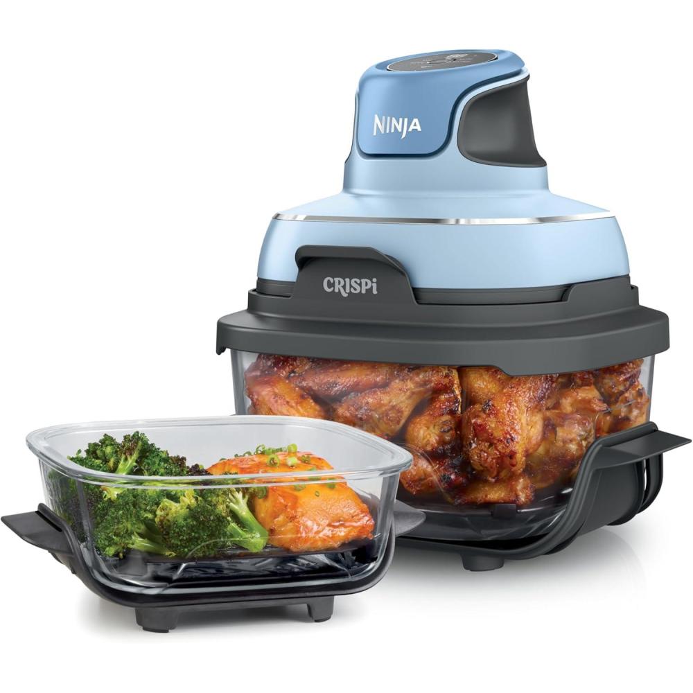 imageNinja Crispi 4in1 Glass Air Fryer  450F  NonToxic  4QT amp 6Cup Glass Containers wLids  Microwave Freezer Dishwasher Safe  Max Crisp Air Fry Bake Recrisp  Periwinkle  FN101PL