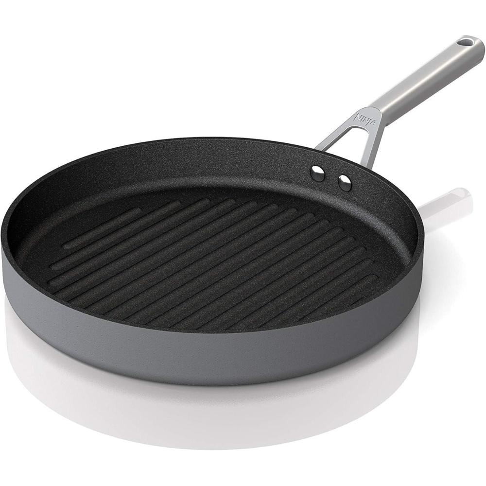 imageNinja Foodi NeverStick Professional HardAnodized 4Quart Saut Pan with Glass Lid Nonstick Durable amp Oven Safe to 500F Salt Grey C3014012 Grill Pan