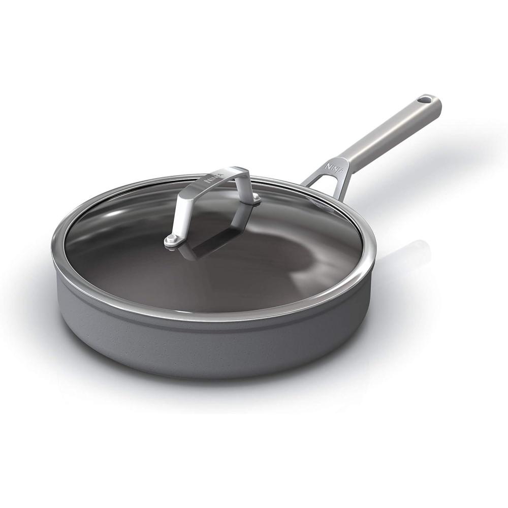 imageNinja Foodi NeverStick Professional HardAnodized 4Quart Saut Pan with Glass Lid Nonstick Durable amp Oven Safe to 500F Salt Grey C301403qt Saute Pan