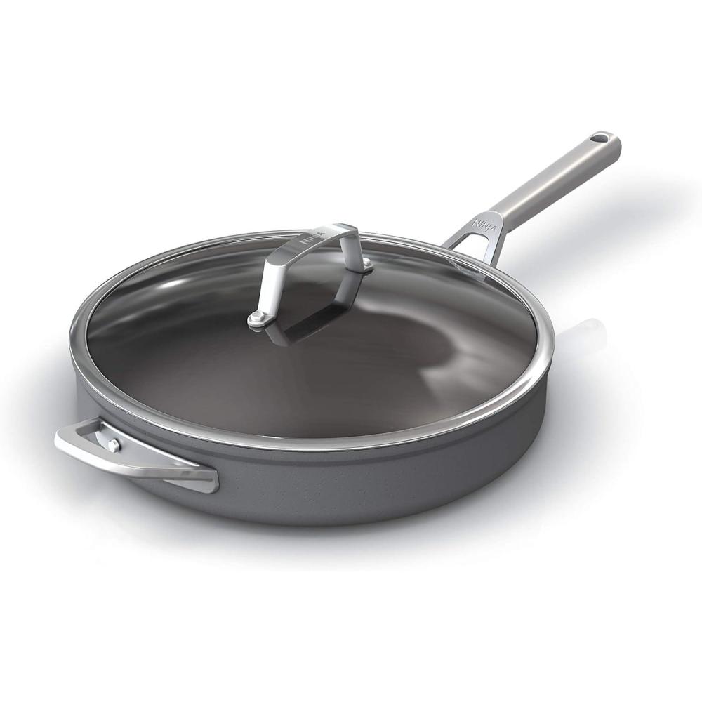 imageNinja Foodi NeverStick Professional HardAnodized 4Quart Saut Pan with Glass Lid Nonstick Durable amp Oven Safe to 500F Salt Grey C301404qt Saute Pan