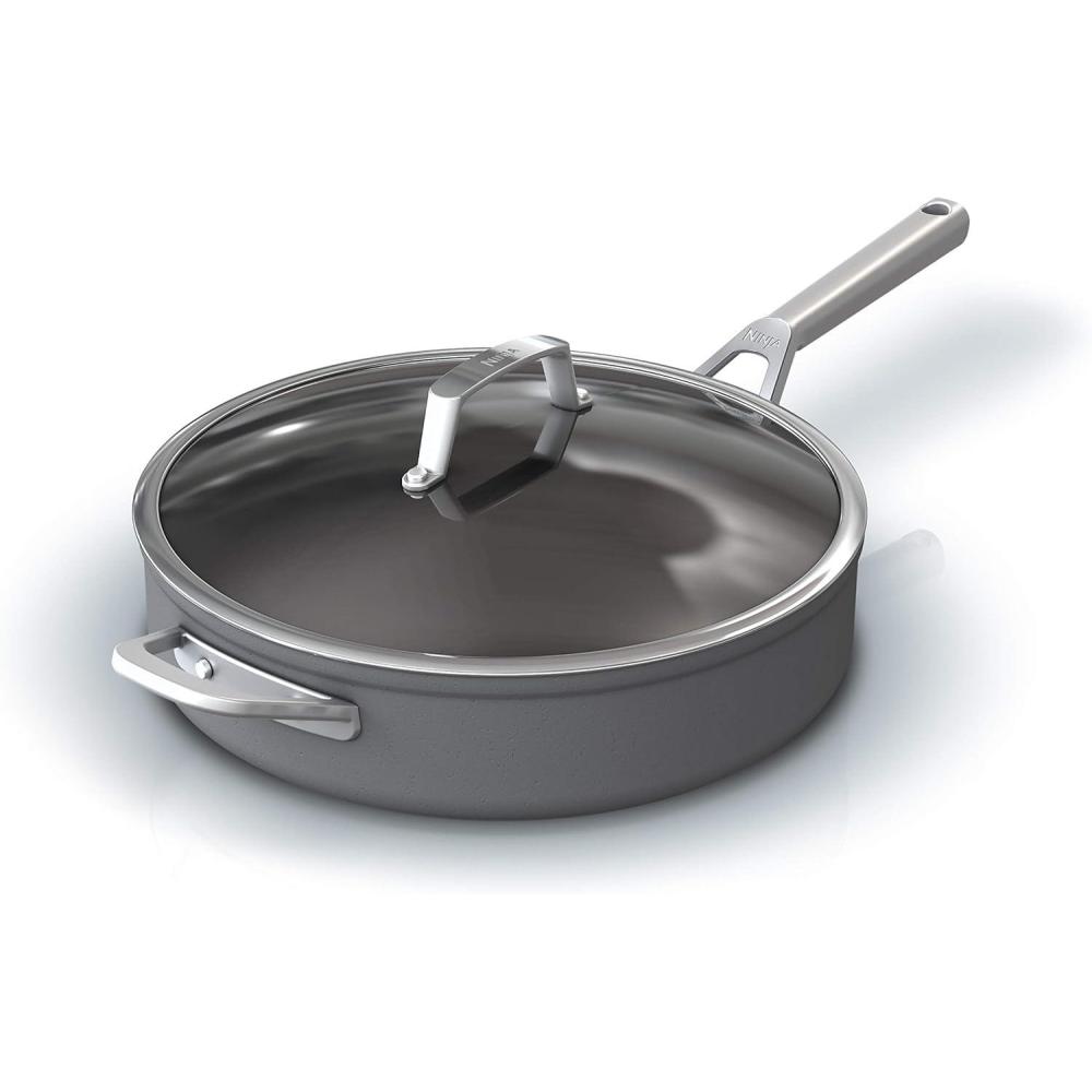 imageNinja Foodi NeverStick Professional HardAnodized 4Quart Saut Pan with Glass Lid Nonstick Durable amp Oven Safe to 500F Salt Grey C301405qt Saute Pan