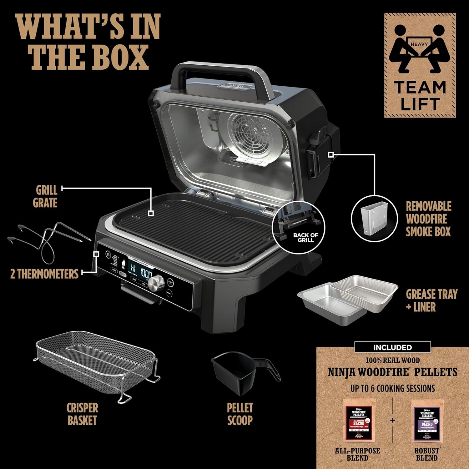 imageNinja Woodfire Pro Connect XL Outdoor Grill amp Smoker Bluetooth App Enabled 7in1 Grill BBQ Smoker Outdoor Air Fryer Woodfire Technology BuiltIn Thermometer Black amp Gold OG951BK1Black Blue