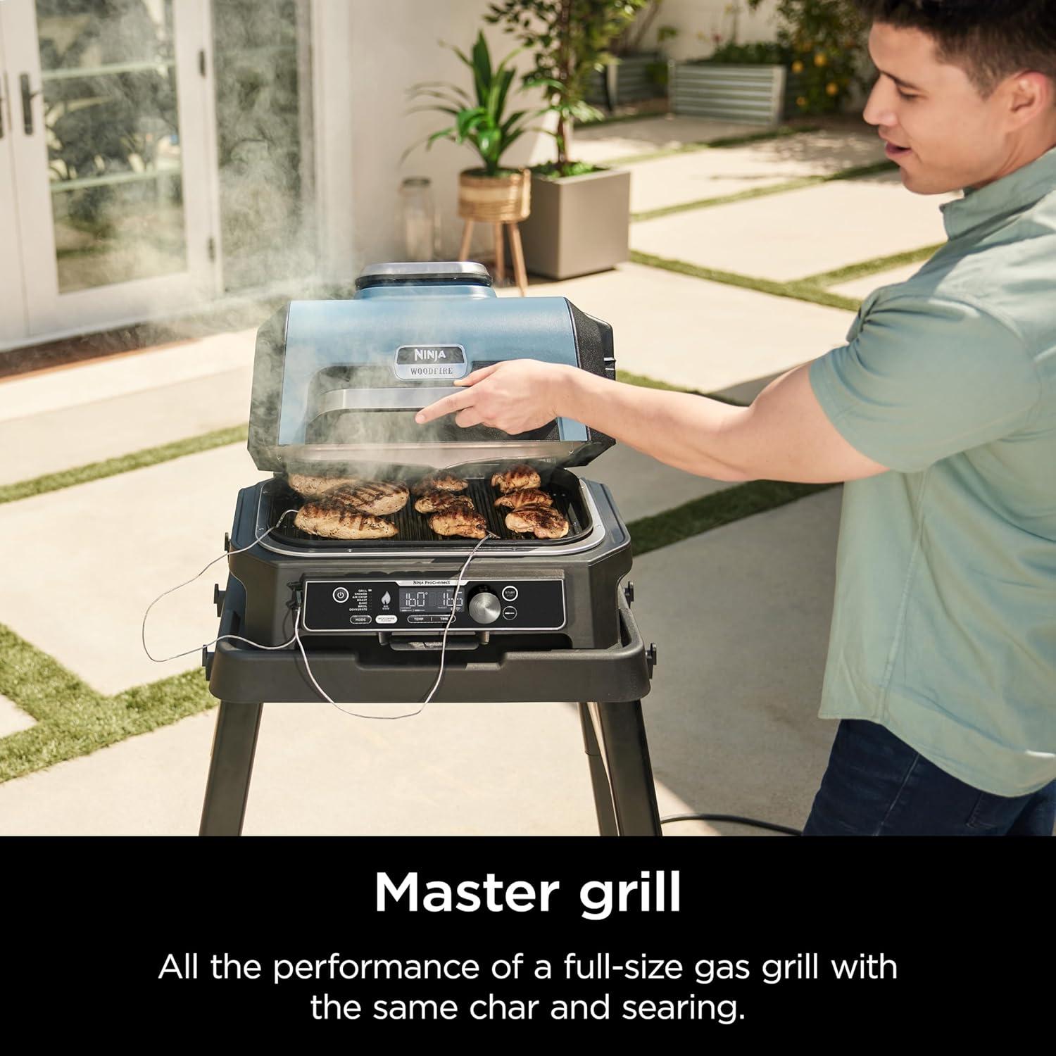 imageNinja Woodfire Pro Connect XL Outdoor Grill amp Smoker Bluetooth App Enabled 7in1 Grill BBQ Smoker Outdoor Air Fryer Woodfire Technology BuiltIn Thermometer Black amp Gold OG951BK1Black Blue