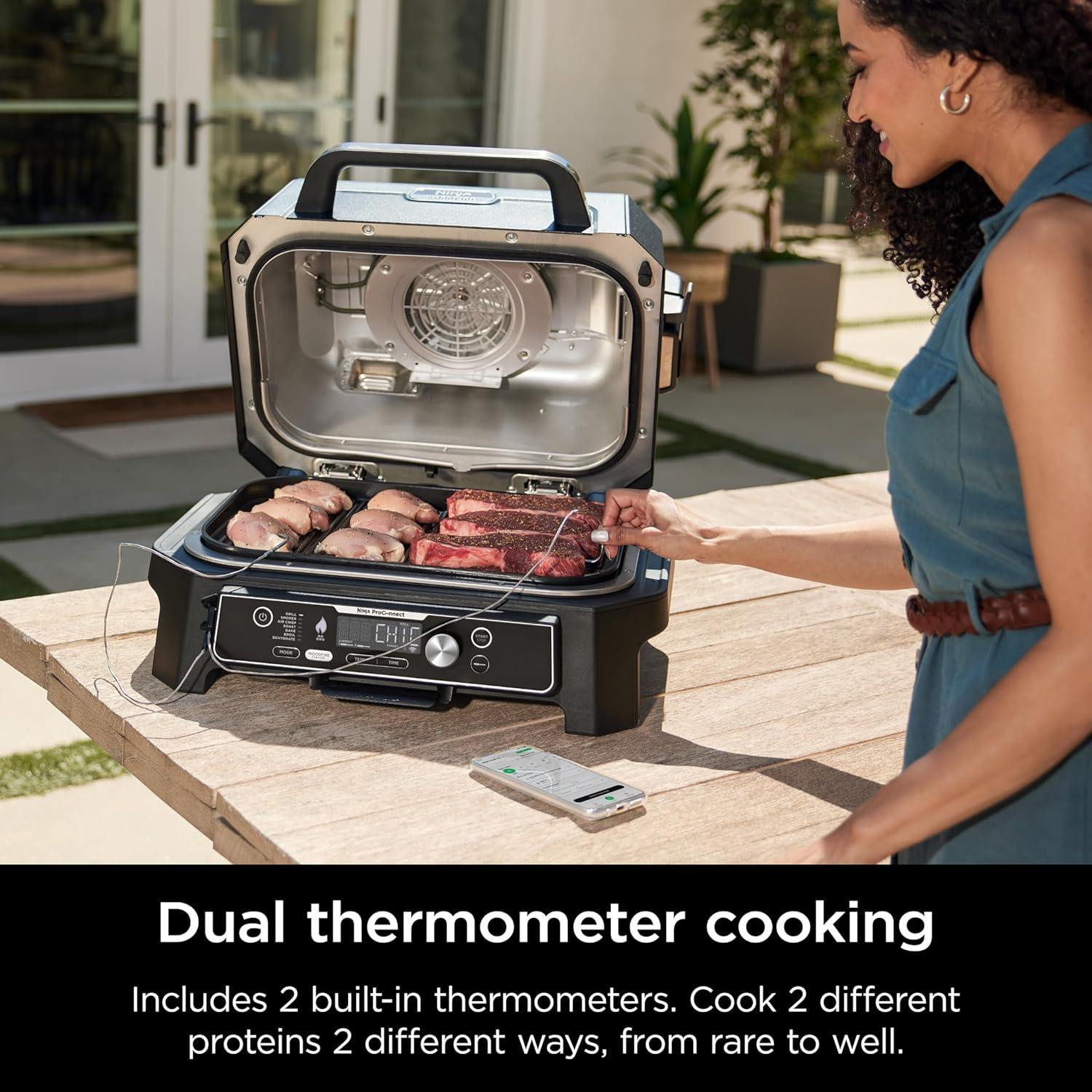 imageNinja Woodfire Pro Connect XL Outdoor Grill amp Smoker Bluetooth App Enabled 7in1 Grill BBQ Smoker Outdoor Air Fryer Woodfire Technology BuiltIn Thermometer Black amp Gold OG951BK1Black Blue