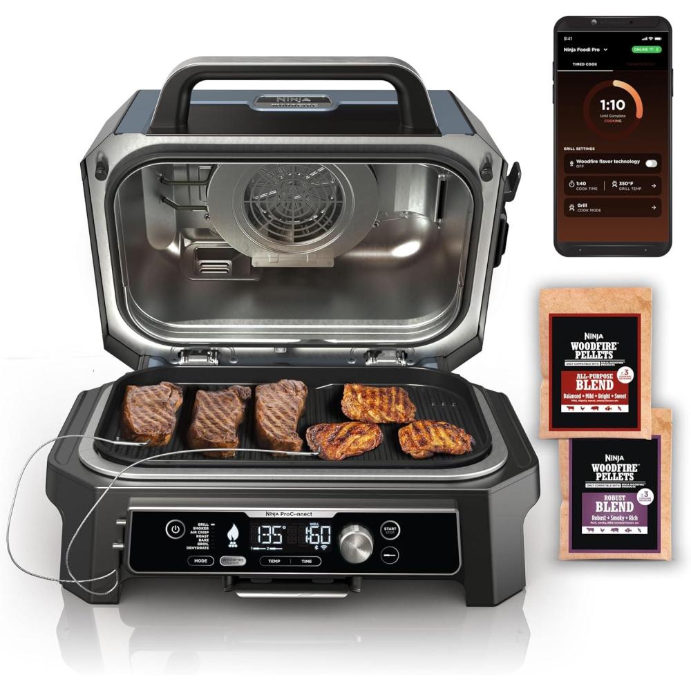 imageNinja Woodfire Pro Connect XL Outdoor Grill amp Smoker  Bluetooth App Enabled  7in1 Grill BBQ Smoker Outdoor Air Fryer  Woodfire Technology  BuiltIn Thermometer  Black amp Gold  OG951BK1Black  Blue