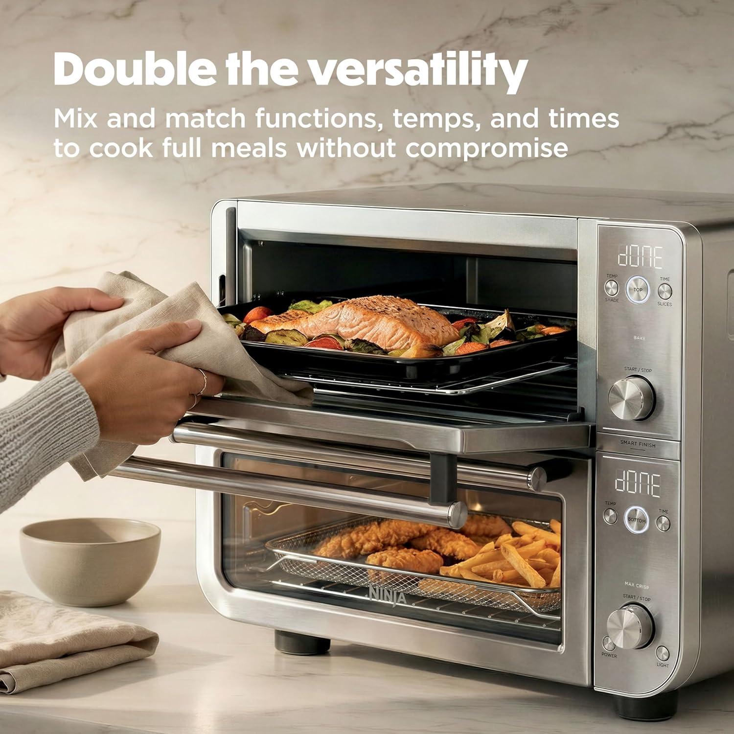imageNinja Double Oven Pro Smart XL Countertop Oven amp Air Fryer 12in1 Versatility with Smart Finish amp DualZone Tech to Cook 2 Meals at Once Fits up to 45lb Chicken Silver DCT821