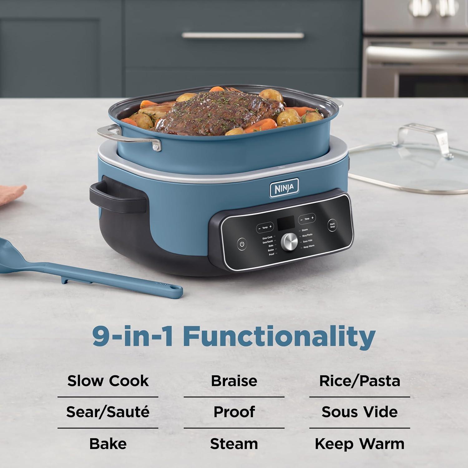 imageNinja MC2001PossibleCooker PRO Plus85QT Multicooker 9 Functions Slow Cook Sear Saut Proof PastaRiceReplaces 16 Kitchen Tools OvenSafe Ceramic Pot Powerful 1400Watt Blue Macaron