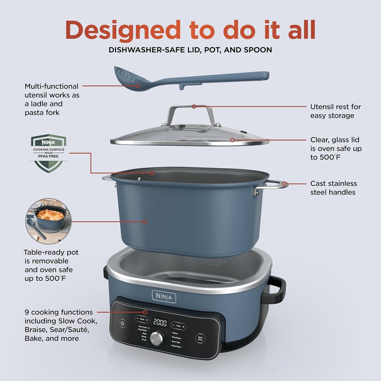 imageNinja MC2001PossibleCooker PRO Plus85QT Multicooker 9 Functions Slow Cook Sear Saut Proof PastaRiceReplaces 16 Kitchen Tools OvenSafe Ceramic Pot Powerful 1400Watt Blue Macaron
