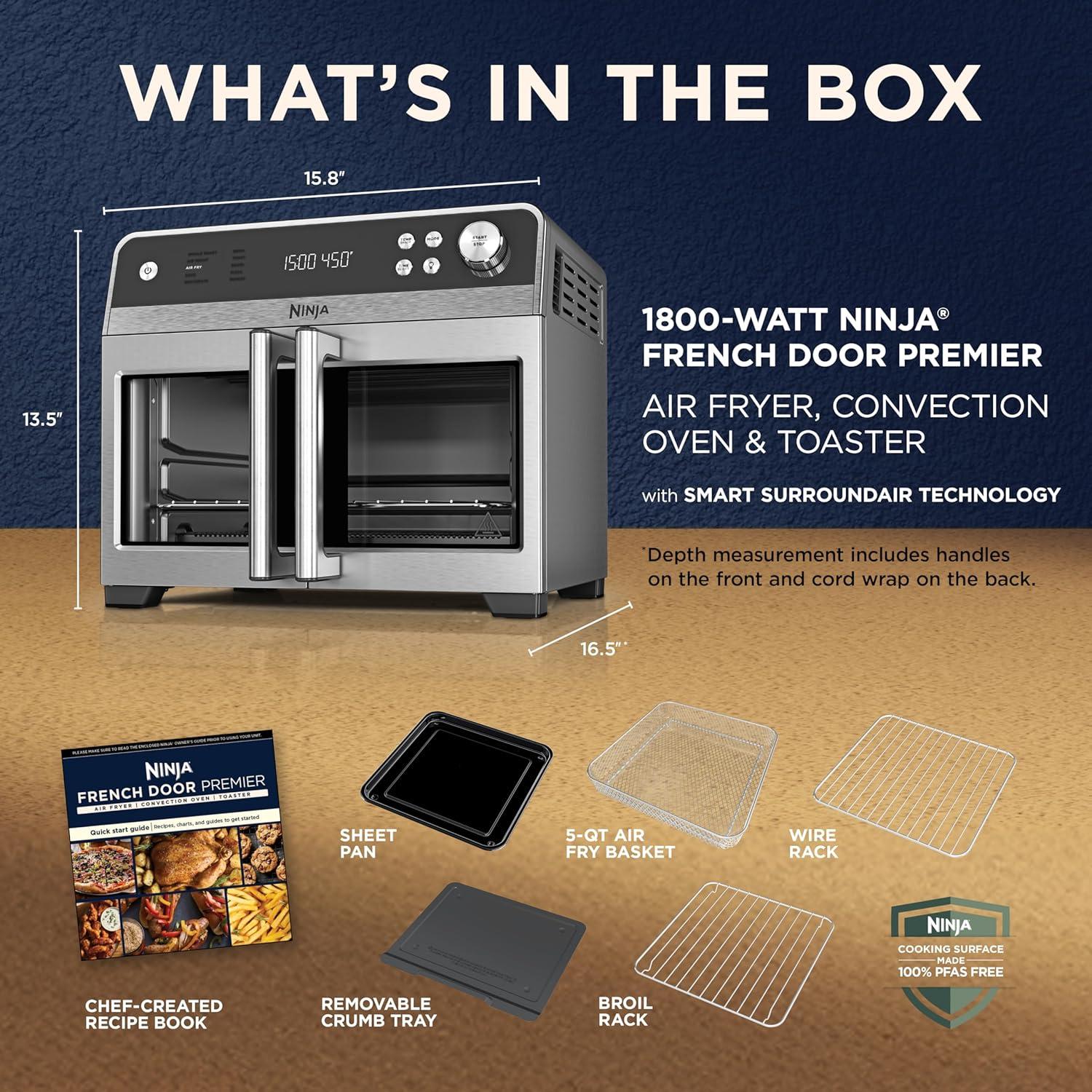 imageNinja French Door Premier Air fry Oven 10in1 functions 203qt capacity 5qt Air Fry Basket Sheet Pan Wire Rack Broil Rack PFASfree DishwasherSafe Accessories Black FO101BKSilver