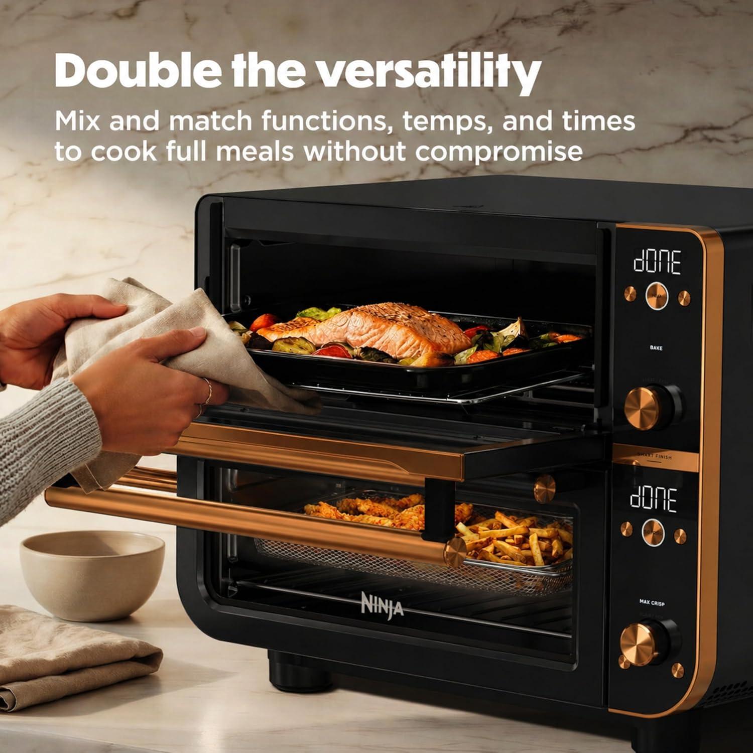 imageNinja Double Oven Pro Smart XL Countertop Oven amp Air Fryer 302 Qt Capacity 12in1 with Smart Finish amp DualZone Tech to Cook 2 Meals at Once Fits up to 45lb Chicken Stainless Steel DCT801Onyx