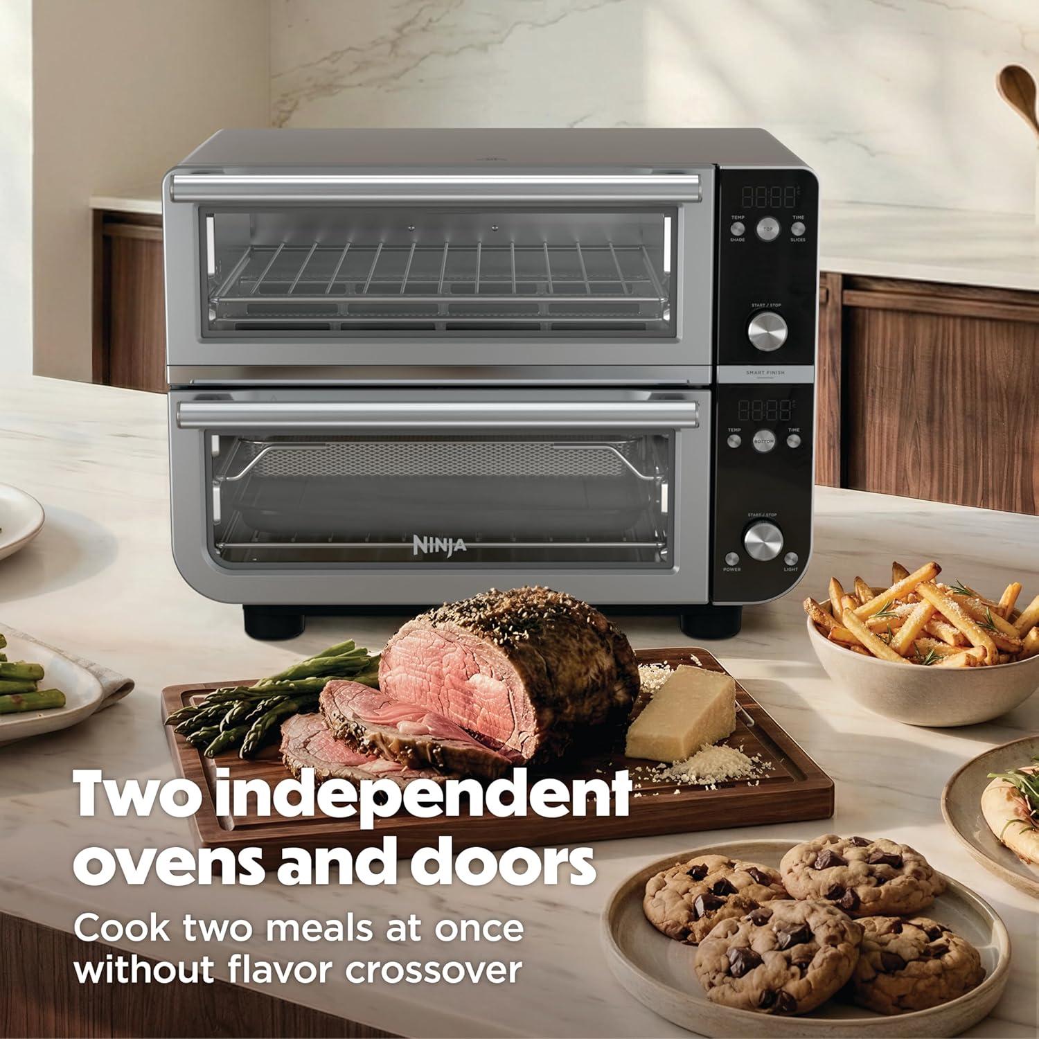 imageNinja Double Oven Pro Smart XL Countertop Oven amp Air Fryer 302 Qt Capacity 12in1 with Smart Finish amp DualZone Tech to Cook 2 Meals at Once Fits up to 45lb Chicken Stainless Steel DCT801SilverBlack