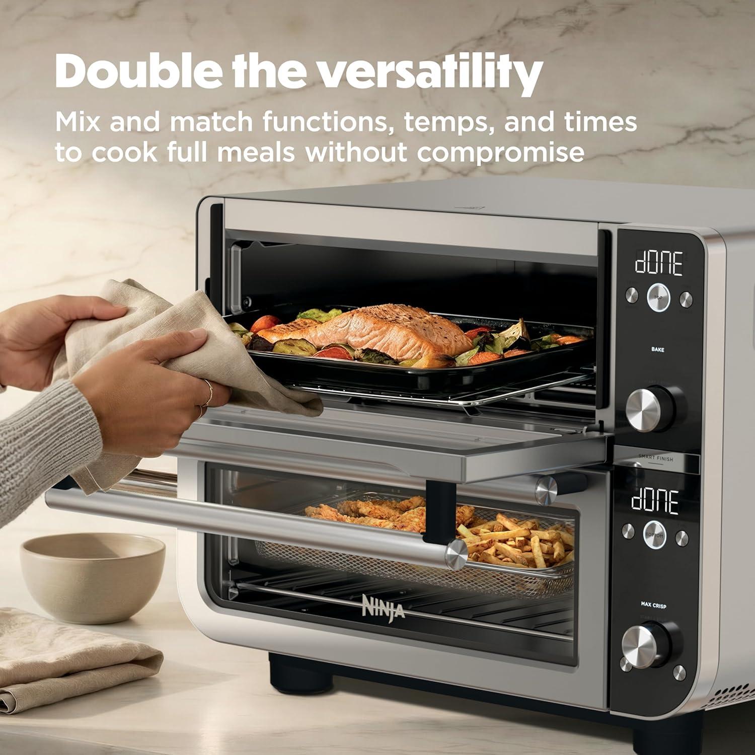 imageNinja Double Oven Pro Smart XL Countertop Oven amp Air Fryer 302 Qt Capacity 12in1 with Smart Finish amp DualZone Tech to Cook 2 Meals at Once Fits up to 45lb Chicken Stainless Steel DCT801SilverBlack