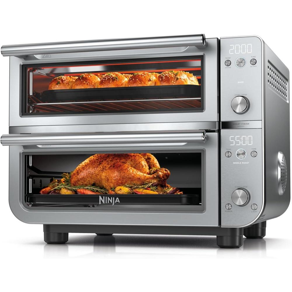 imageNinja Double Oven Pro Smart XL Countertop Oven amp Air Fryer 302 Qt Capacity 12in1 with Smart Finish amp DualZone Tech to Cook 2 Meals at Once Fits up to 45lb Chicken Stainless Steel DCT801Prestige Silver