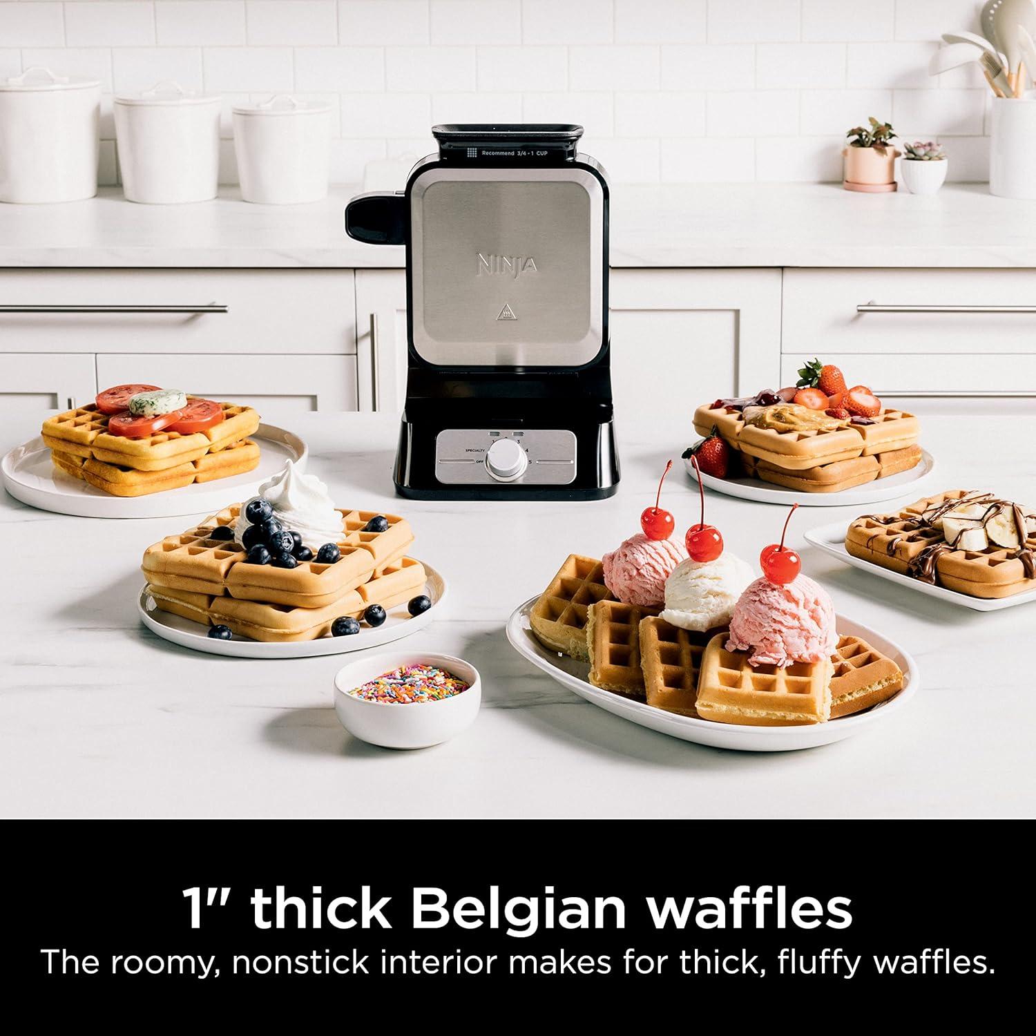 imageNinja Belgian Waffle Maker Pro Vertical Design 5 Shade Settings with PrecisionPour Cup amp Chefcurated Recipe Guide Black amp Silver BW1001