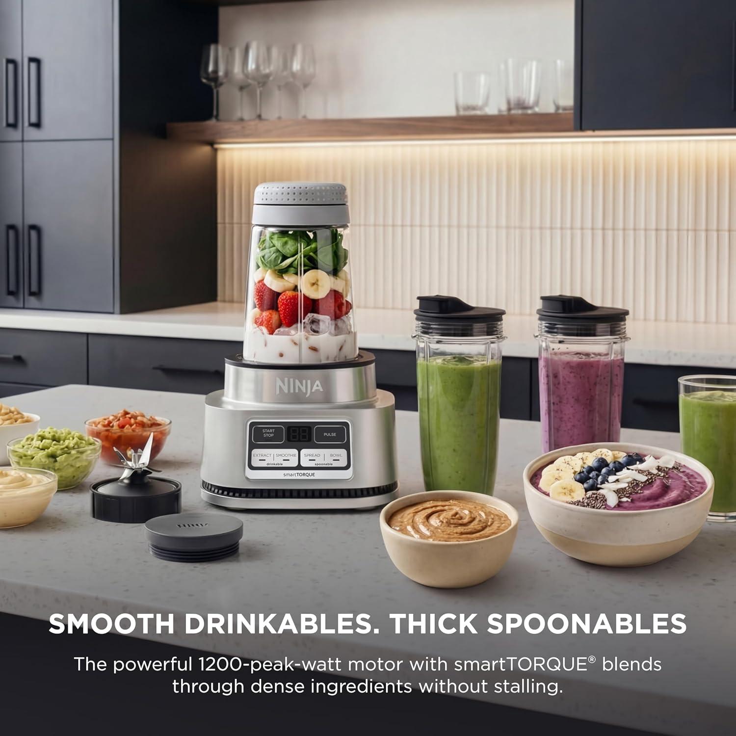 imageNinja Foodi Personal Blender Smoothie Bowl Maker with Storage Lid Nutrient Extractor and Mixer 1200PeakWatt smartTORQUE Motor Hybrid Edge Blades 2 24oz Cups Silver SS101