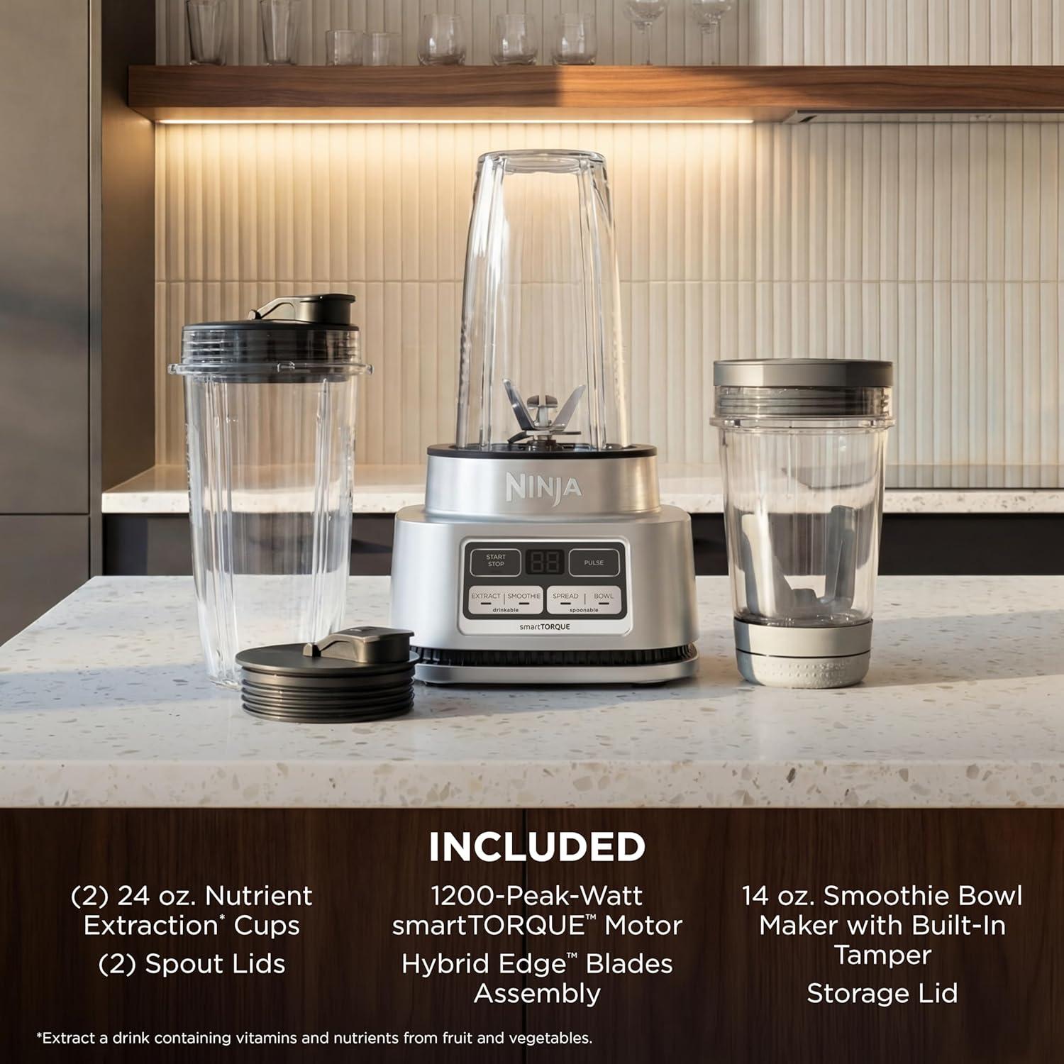 imageNinja Foodi Personal Blender Smoothie Bowl Maker with Storage Lid Nutrient Extractor and Mixer 1200PeakWatt smartTORQUE Motor Hybrid Edge Blades 2 24oz Cups Silver SS101