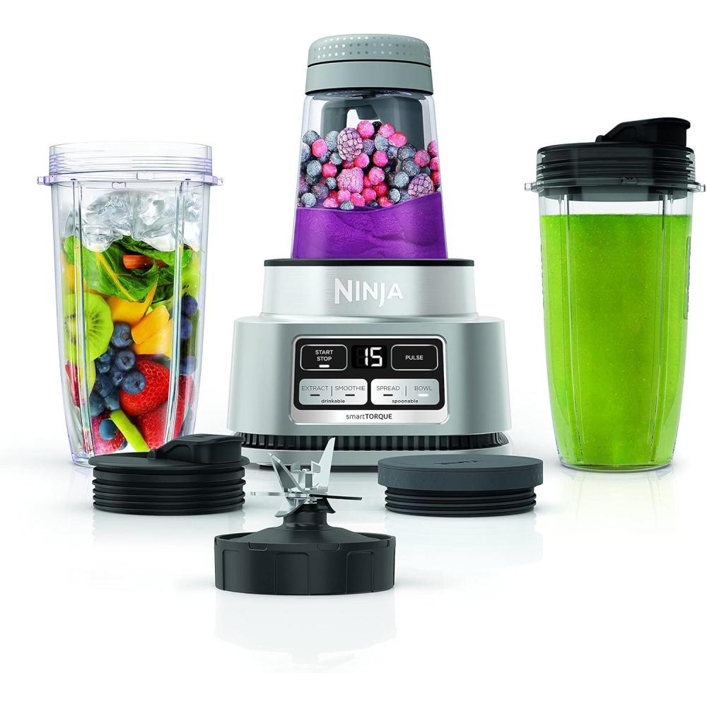 imageNinja Foodi Personal Blender Smoothie Bowl Maker with Storage Lid Nutrient Extractor and Mixer 1200PeakWatt smartTORQUE Motor Hybrid Edge Blades 2 24oz Cups Silver SS101