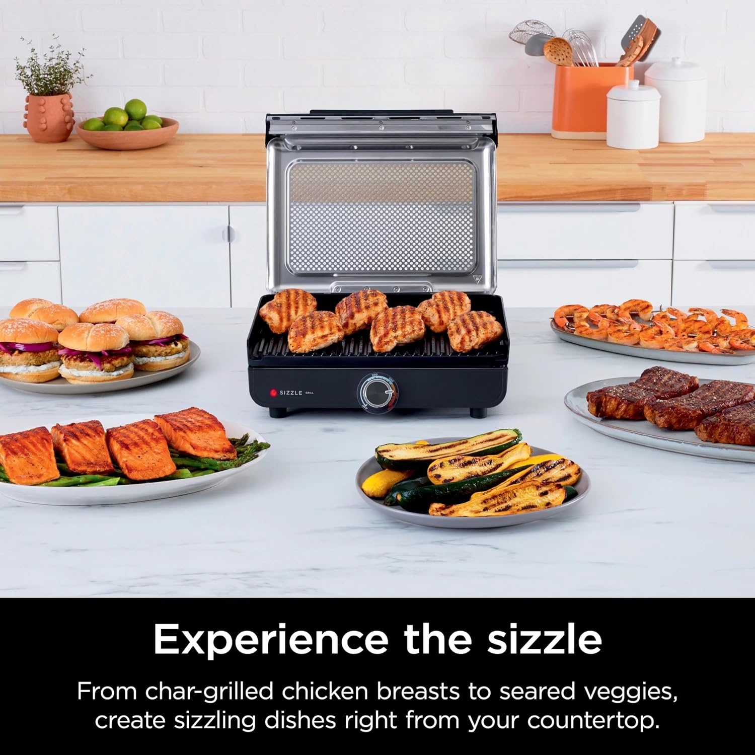 imageNinja GR100 Sizzle Smokeless Indoor Grill with Nonstick Grill Plate DishwasherSafe Removable Mesh Lid 500F Max Heat Even EdgetoEdge Cooking Black RenewedSizzle Indoor Grill