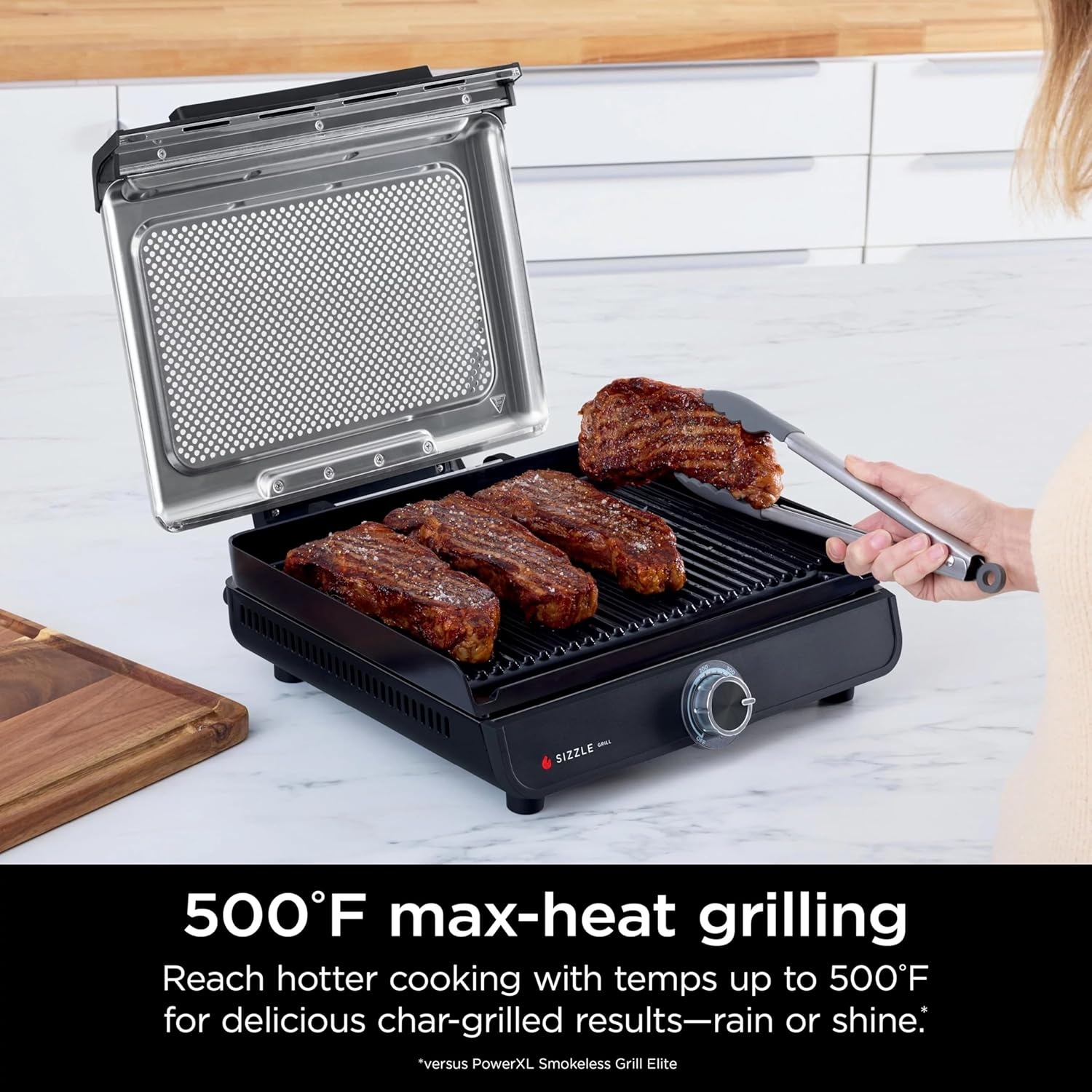 imageNinja GR100 Sizzle Smokeless Indoor Grill with Nonstick Grill Plate DishwasherSafe Removable Mesh Lid 500F Max Heat Even EdgetoEdge Cooking Black RenewedSizzle Indoor Grill