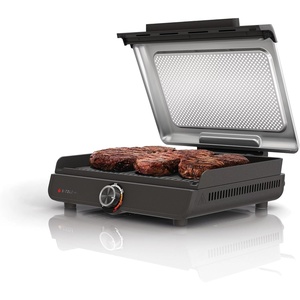Ninja GR100 Sizzle Smokeless Indoor Grill with Nonstick Grill Plate, Dishwasher-Safe Removable Mesh Lid, 500F Max Heat, Even Edge-to-Edge Cooking, Black (Renewed)(Sizzle Indoor Grill)