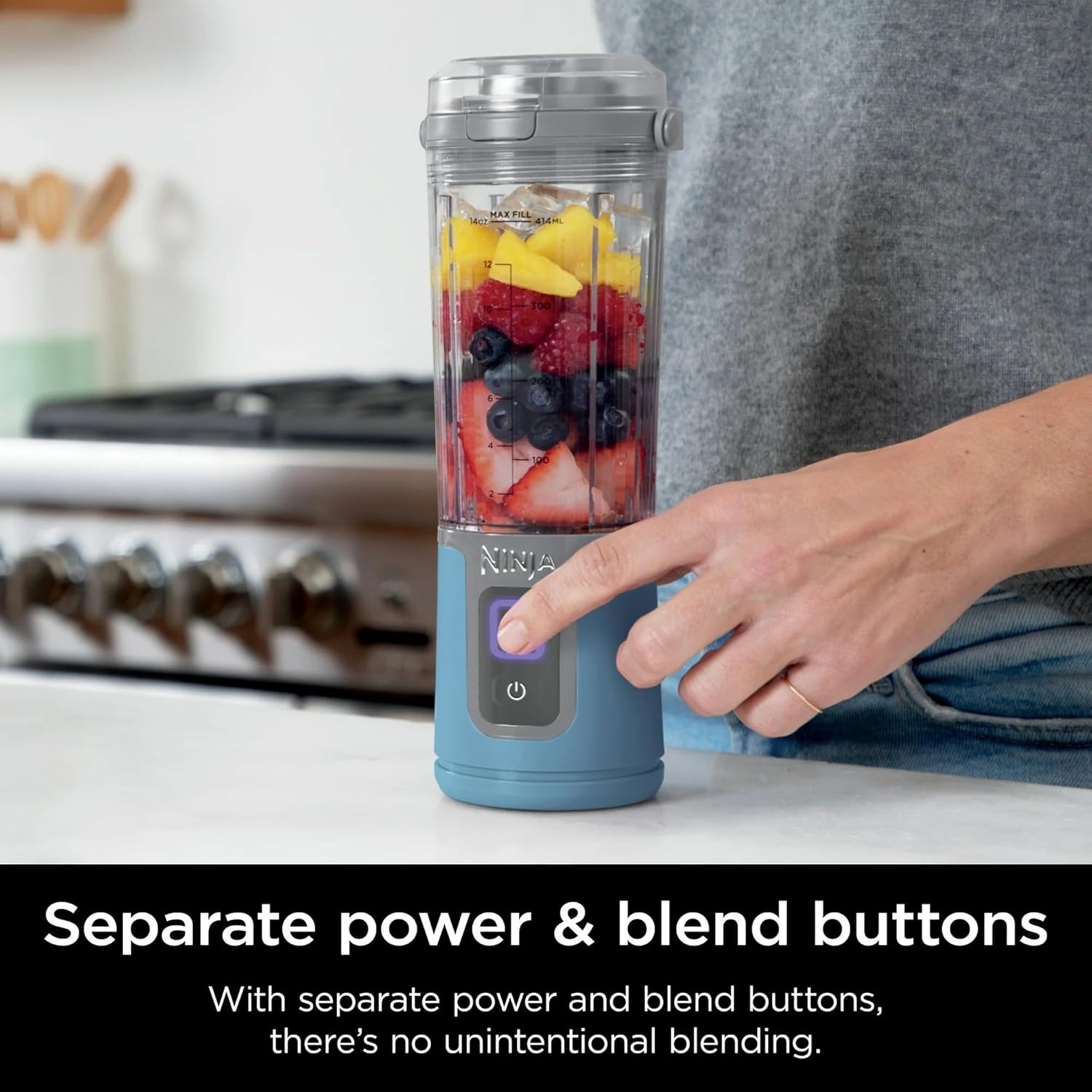 imageNinja Blast 16 oz Personal Portable Blender with Leak Proof Lid and Easy Sip Spout Perfect for Smoothies Cordless USBC Rechargeable Dishwasher Safe Parts Renewed BlackDenim Blue