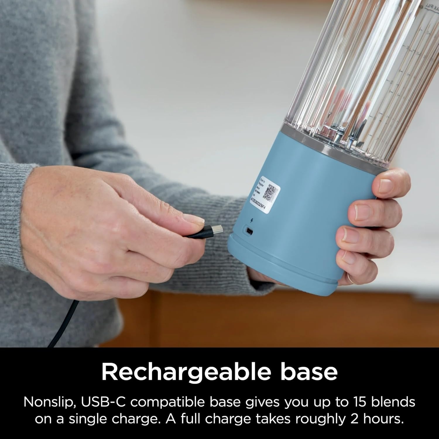 imageNinja Blast 16 oz Personal Portable Blender with Leak Proof Lid and Easy Sip Spout Perfect for Smoothies Cordless USBC Rechargeable Dishwasher Safe Parts Renewed BlackDenim Blue