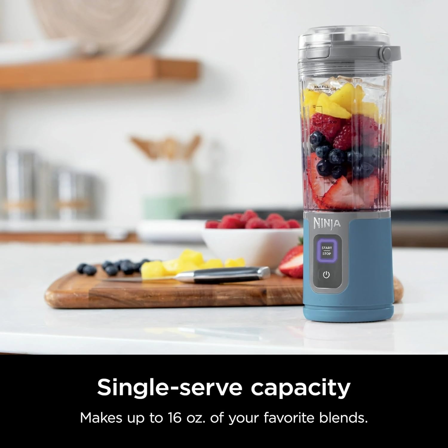 imageNinja Blast 16 oz Personal Portable Blender with Leak Proof Lid and Easy Sip Spout Perfect for Smoothies Cordless USBC Rechargeable Dishwasher Safe Parts Renewed BlackDenim Blue