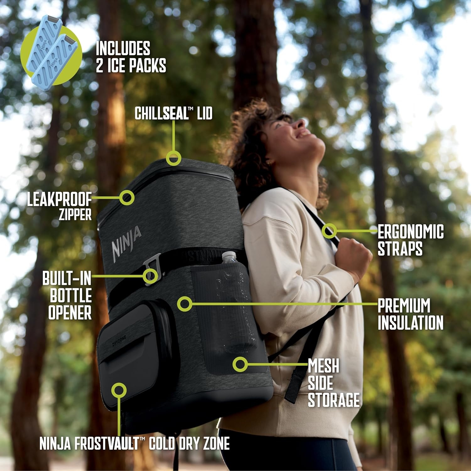 image:imageNinja Backpack Cooler FrostVault Go 24 Can Soft Cooler Leakproof Zipper with Built in Can Opener 2 Ice Packs amp Dry Storage Drawer for Hiking Camping amp More Daffodil Daze FF124YLDark Grey