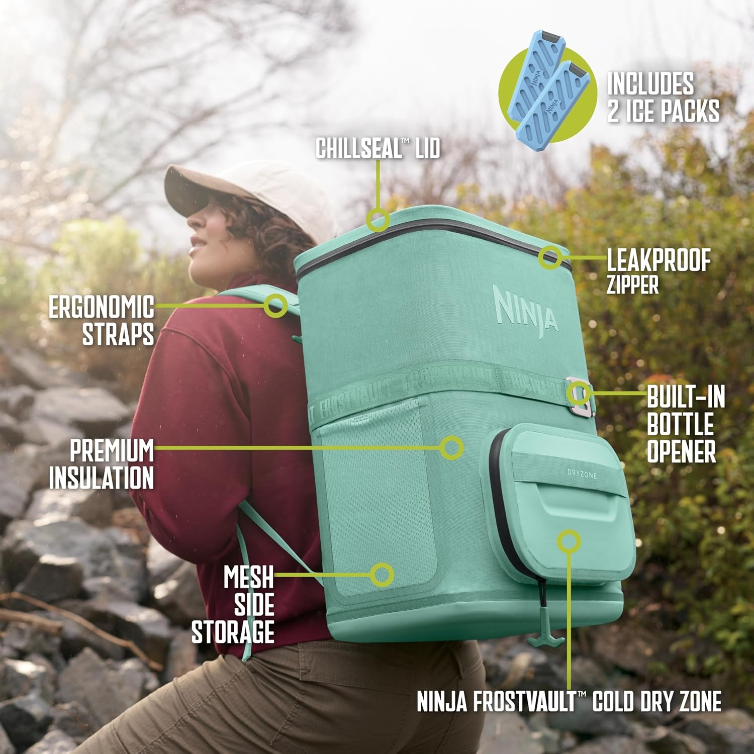 image:imageNinja Backpack Cooler FrostVault Go 24 Can Soft Cooler Leakproof Zipper with Built in Can Opener 2 Ice Packs amp Dry Storage Drawer for Hiking Camping amp More Daffodil Daze FF124YLCactus Green