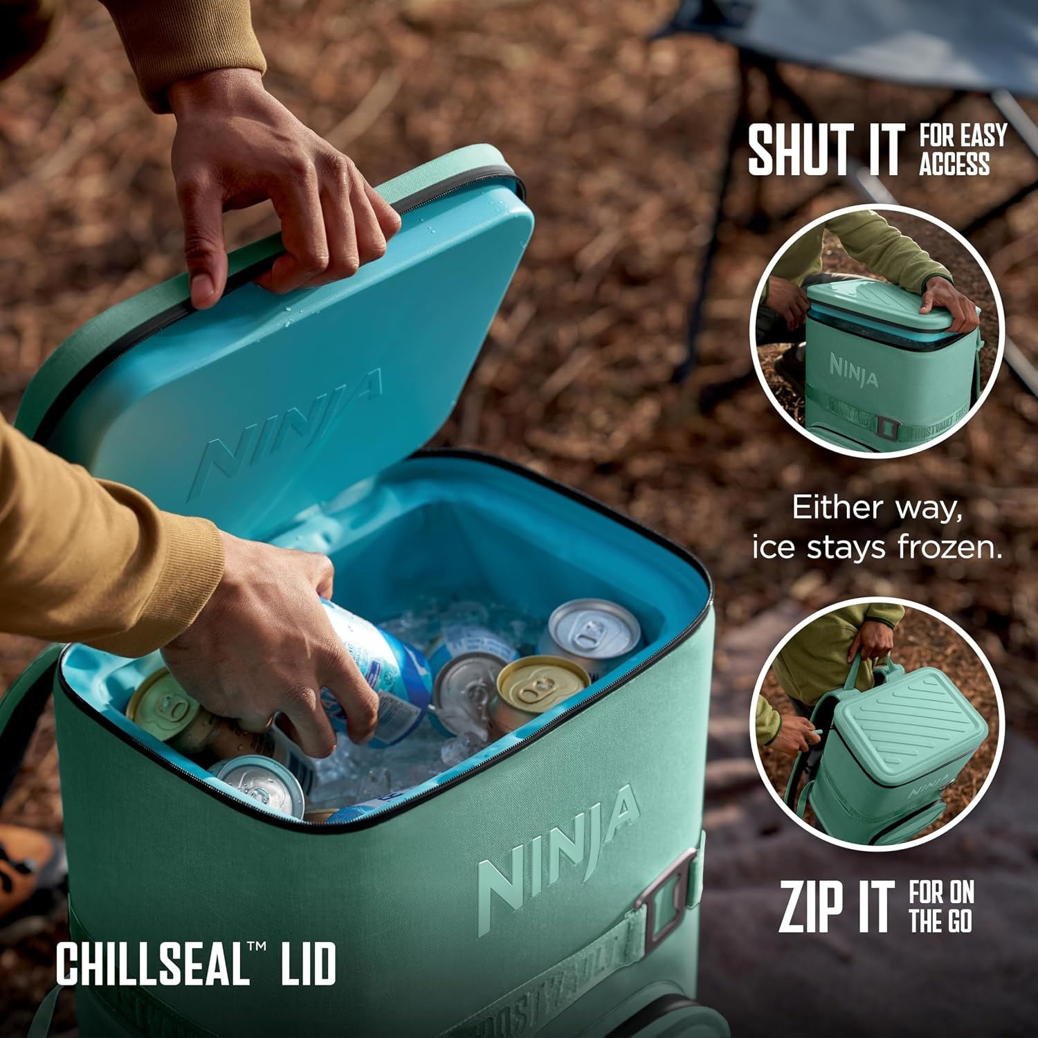 image:imageNinja Backpack Cooler FrostVault Go 24 Can Soft Cooler Leakproof Zipper with Built in Can Opener 2 Ice Packs amp Dry Storage Drawer for Hiking Camping amp More Daffodil Daze FF124YLCactus Green