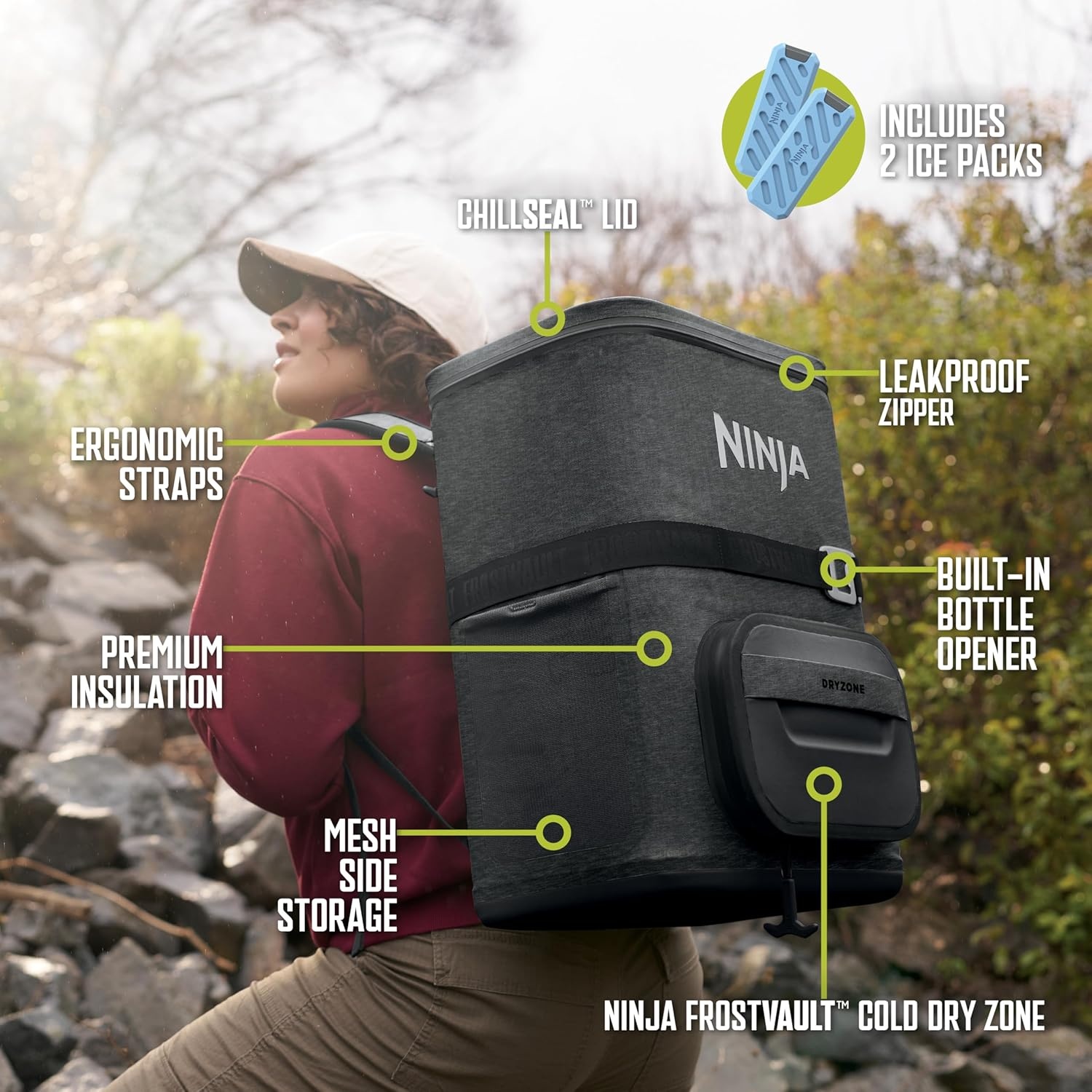 image:imageNinja Backpack Cooler FrostVault Go 24 Can Soft Cooler Leakproof Zipper with Built in Can Opener 2 Ice Packs amp Dry Storage Drawer for Hiking Camping amp More Daffodil Daze FF124YLDark Grey