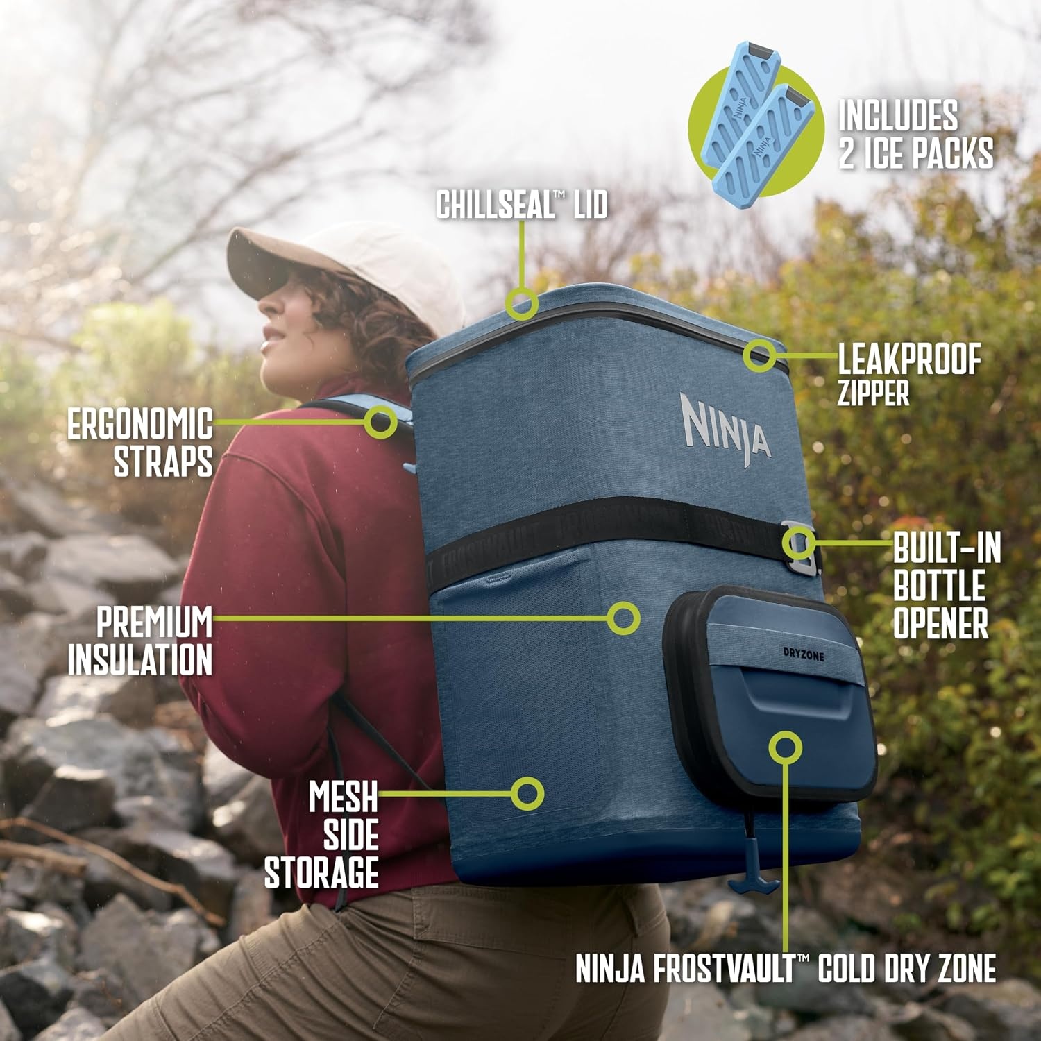 image:imageNinja Backpack Cooler FrostVault Go 24 Can Soft Cooler Leakproof Zipper with Built in Can Opener 2 Ice Packs amp Dry Storage Drawer for Hiking Camping amp More Daffodil Daze FF124YLLuminous Blue