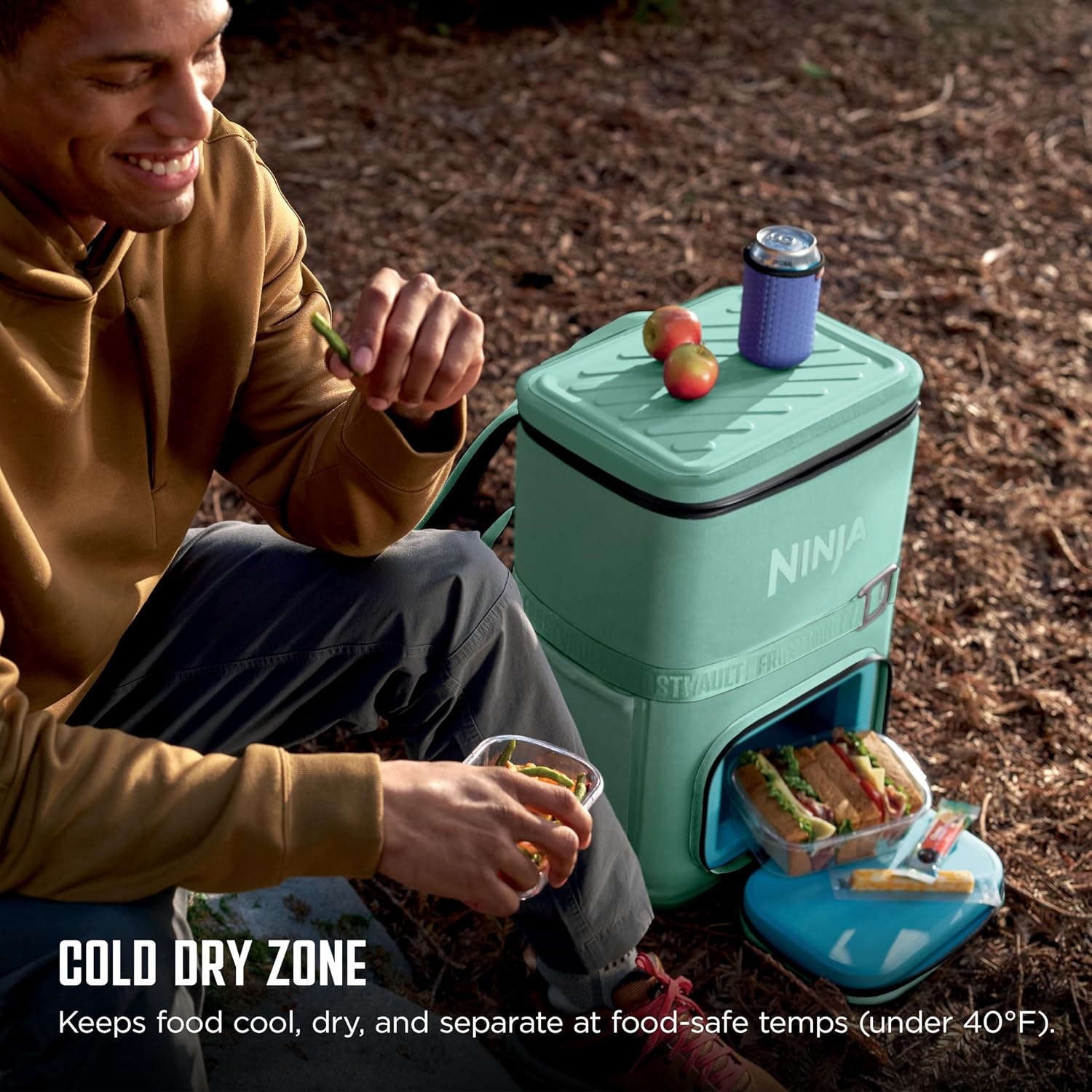image:imageNinja Backpack Cooler FrostVault Go 24 Can Soft Cooler Leakproof Zipper with Built in Can Opener 2 Ice Packs amp Dry Storage Drawer for Hiking Camping amp More Daffodil Daze FF124YLCactus Green