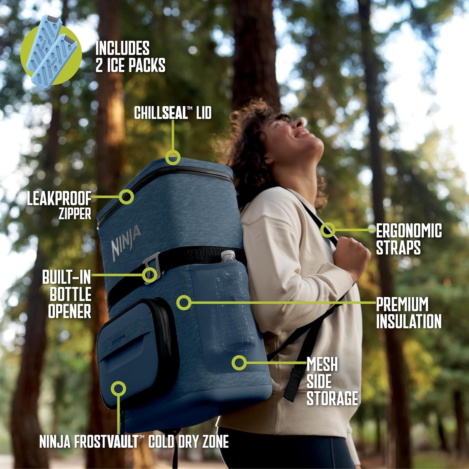 image:imageNinja Backpack Cooler FrostVault Go 24 Can Soft Cooler Leakproof Zipper with Built in Can Opener 2 Ice Packs amp Dry Storage Drawer for Hiking Camping amp More Daffodil Daze FF124YLBlue