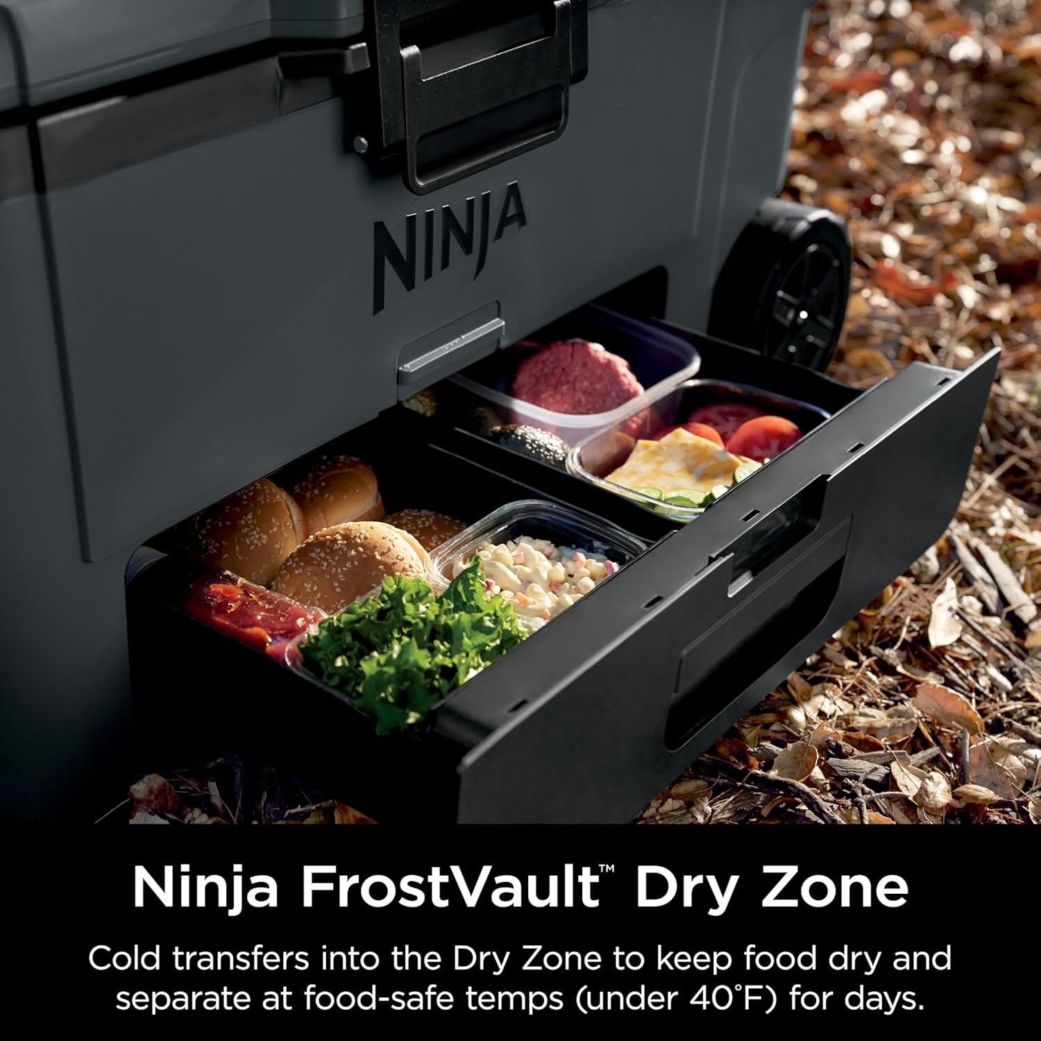 image:imageNinja FrostVault 65qt Wheeled Cooler with Cold Dry Zone Integrated FridgeTemp Dry Storage Drawer Premium HeavyDuty Insulated Cooler Keeps Ice Cold for Days Spanish Moss FB265GN1Charcoal Grey