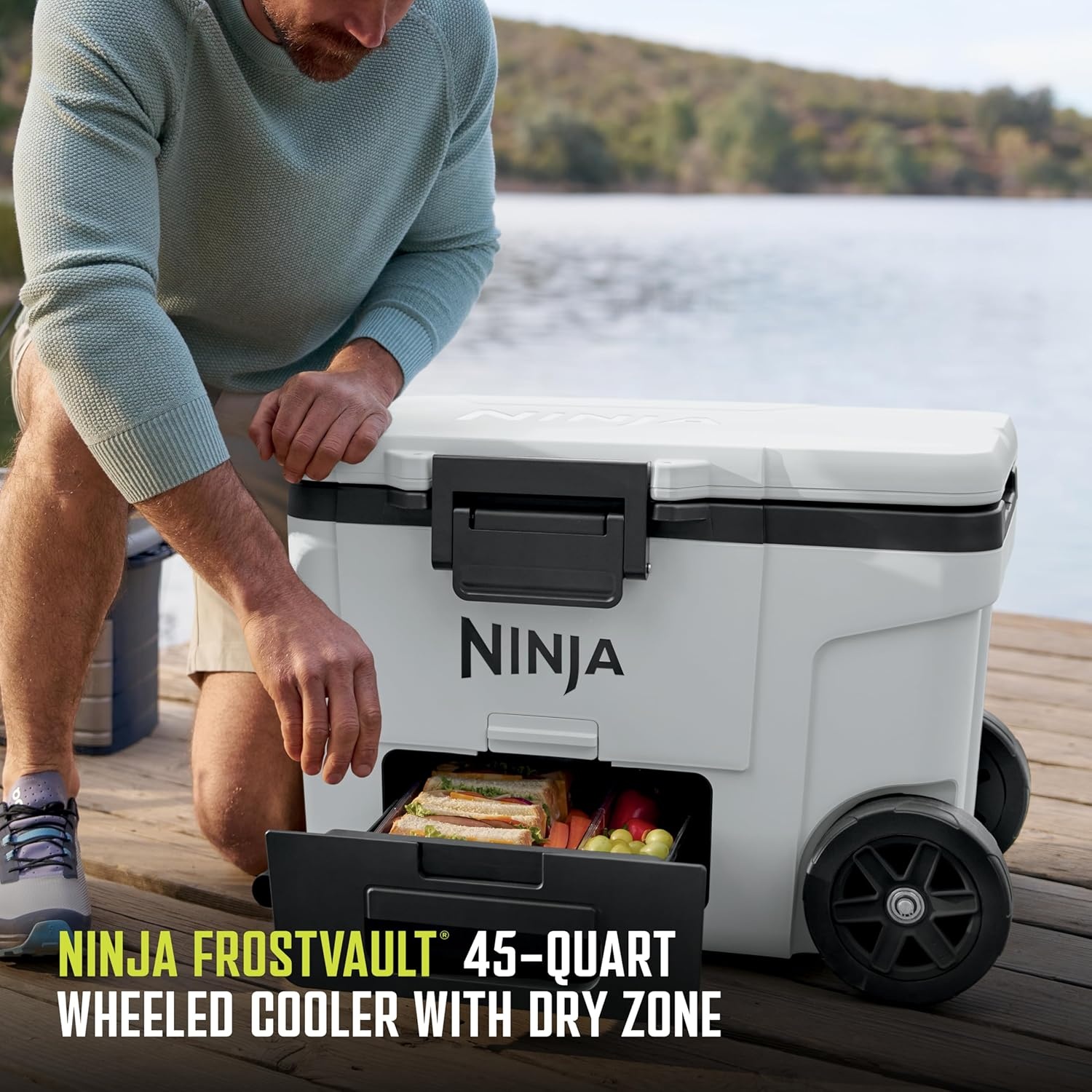 image:imageNinja FrostVault 65qt Wheeled Cooler with Cold Dry Zone Integrated FridgeTemp Dry Storage Drawer Premium HeavyDuty Insulated Cooler Keeps Ice Cold for Days Spanish Moss FB265GN1Halocline Green