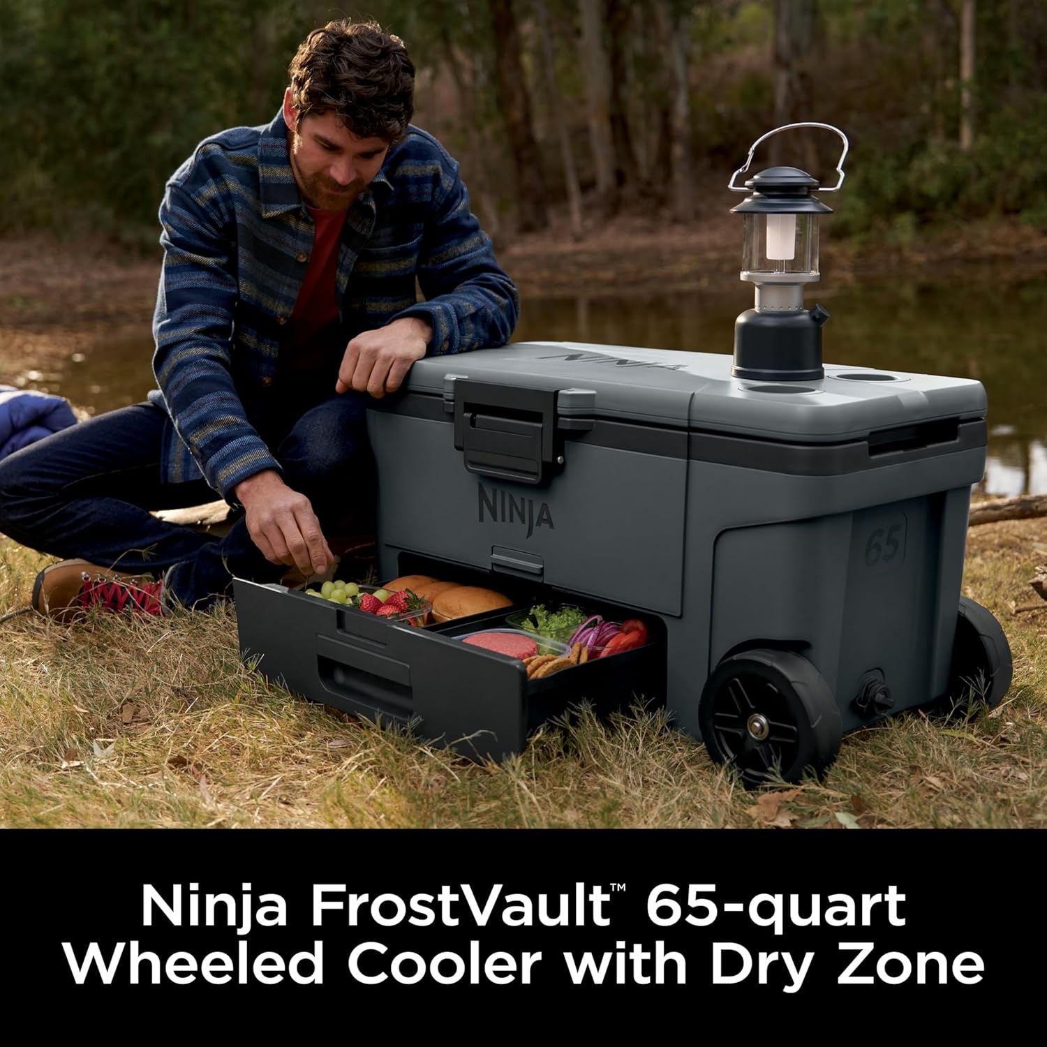 image:imageNinja FrostVault 65qt Wheeled Cooler with Cold Dry Zone Integrated FridgeTemp Dry Storage Drawer Premium HeavyDuty Insulated Cooler Keeps Ice Cold for Days Spanish Moss FB265GN1Charcoal Grey