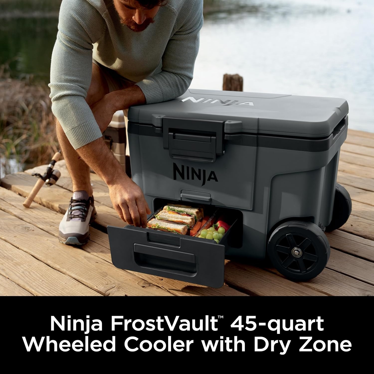 image:imageNinja FrostVault 65qt Wheeled Cooler with Cold Dry Zone Integrated FridgeTemp Dry Storage Drawer Premium HeavyDuty Insulated Cooler Keeps Ice Cold for Days Spanish Moss FB265GN1Charcoal Grey