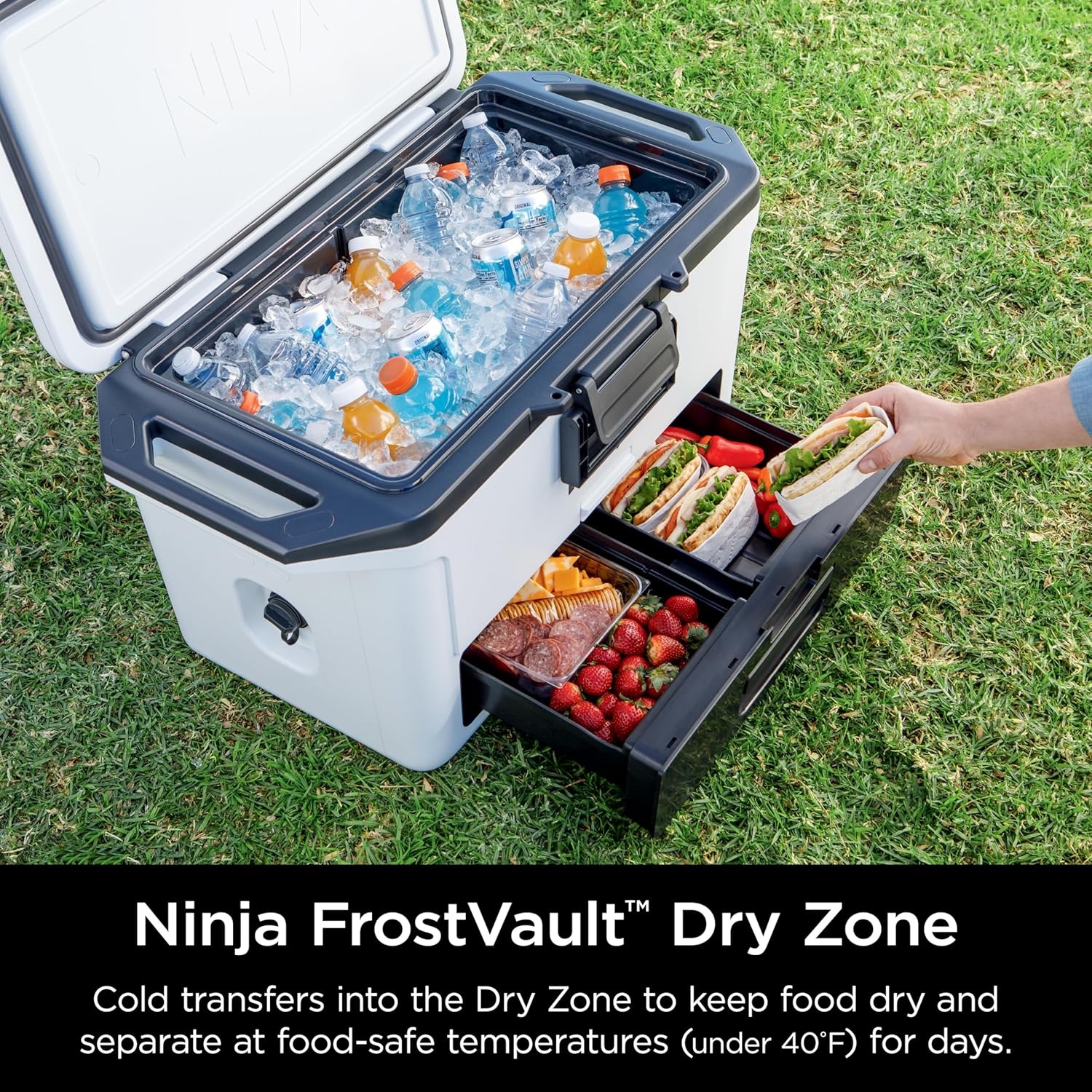 image:imageNinja FrostVault 50qt Hard Cooler with Dry Zone Integrated FridgeTemp Dry Storage Drawer Premium HeavyDuty Insulated Cooler Keeps Ice Cold for Days Spanish Moss FB151GN1Cloud White