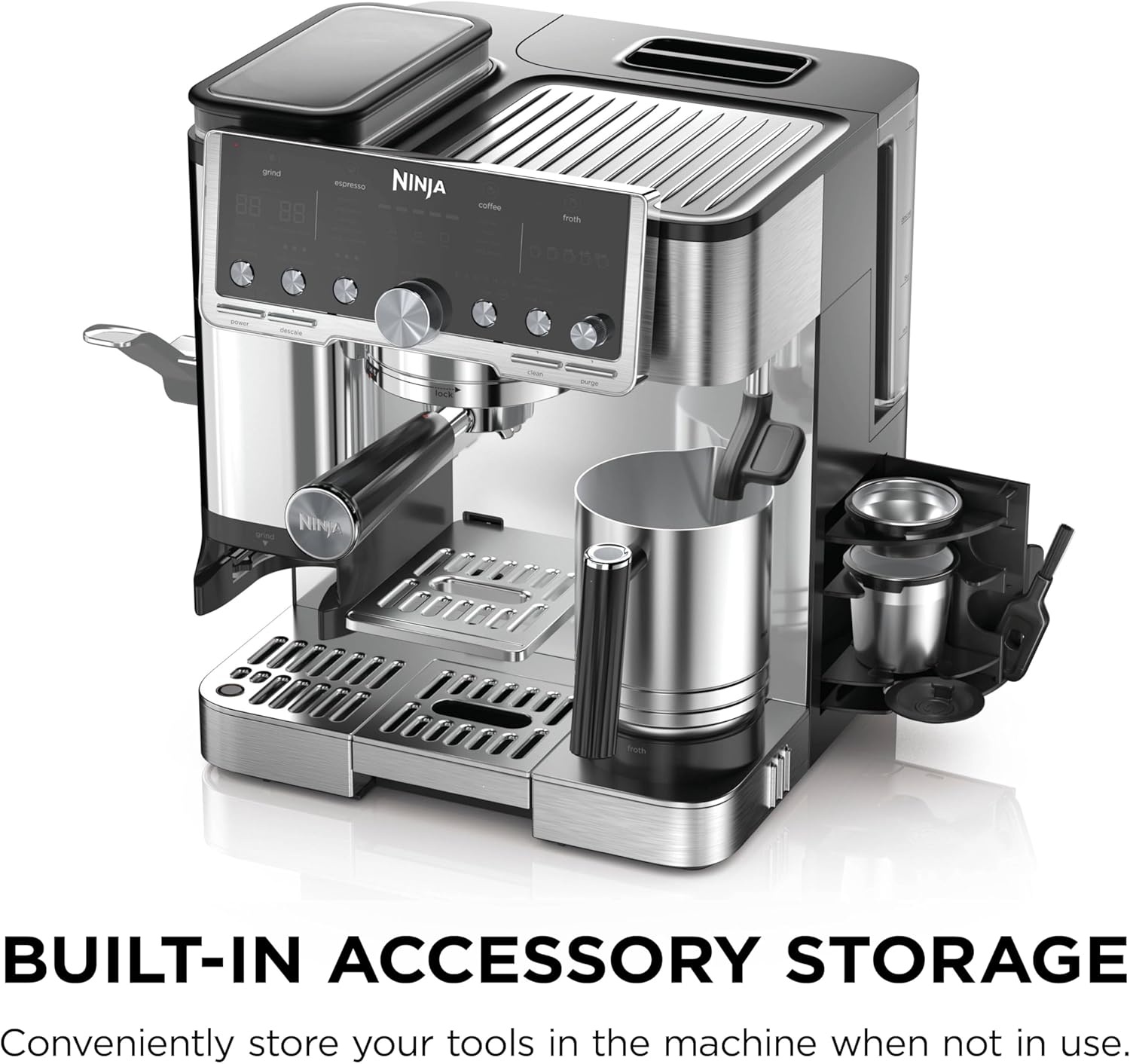 image:imageNinja Luxe Caf Pro designed by David Beckham Espresso Machine Drip Coffee Cold Brew Hot Water Integrated Tamper Builtin Grinder HandsFree Frother for Lattes amp More BlackGold ES771BKStainless Steel