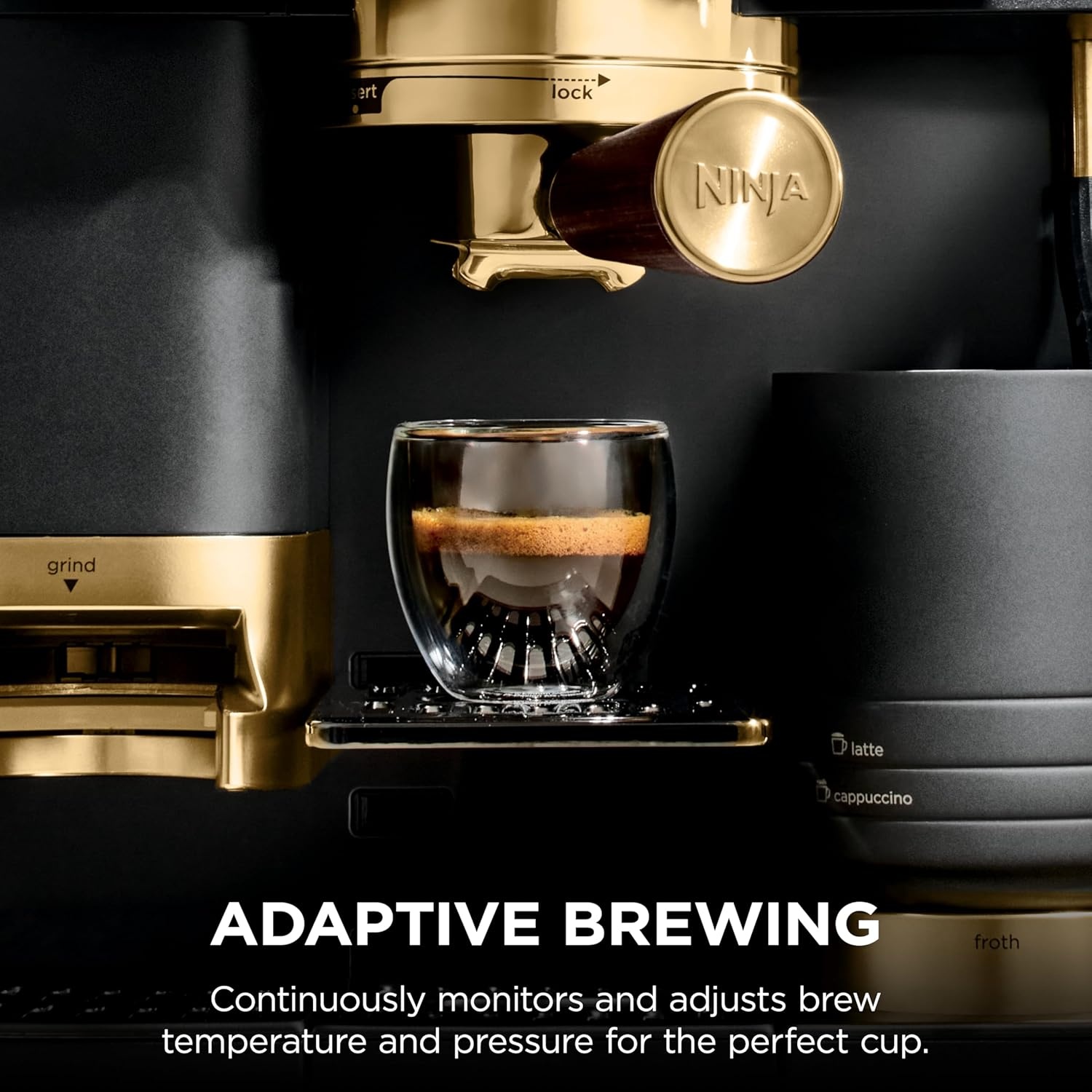 image:imageNinja Luxe Caf Pro designed by David Beckham Espresso Machine Drip Coffee Cold Brew Hot Water Integrated Tamper Builtin Grinder HandsFree Frother for Lattes amp More BlackGold ES771BKBlackGold