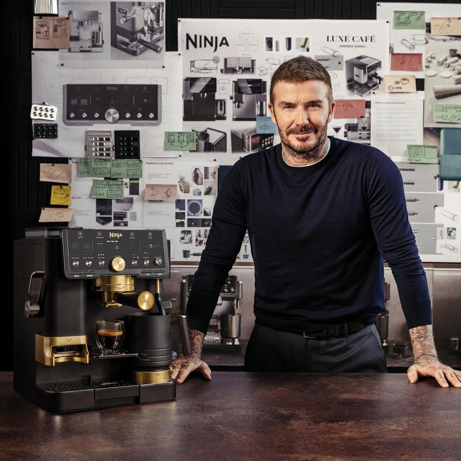 image:imageNinja Luxe Caf Pro designed by David Beckham Espresso Machine Drip Coffee Cold Brew Hot Water Integrated Tamper Builtin Grinder HandsFree Frother for Lattes amp More BlackGold ES771BKBlackGold