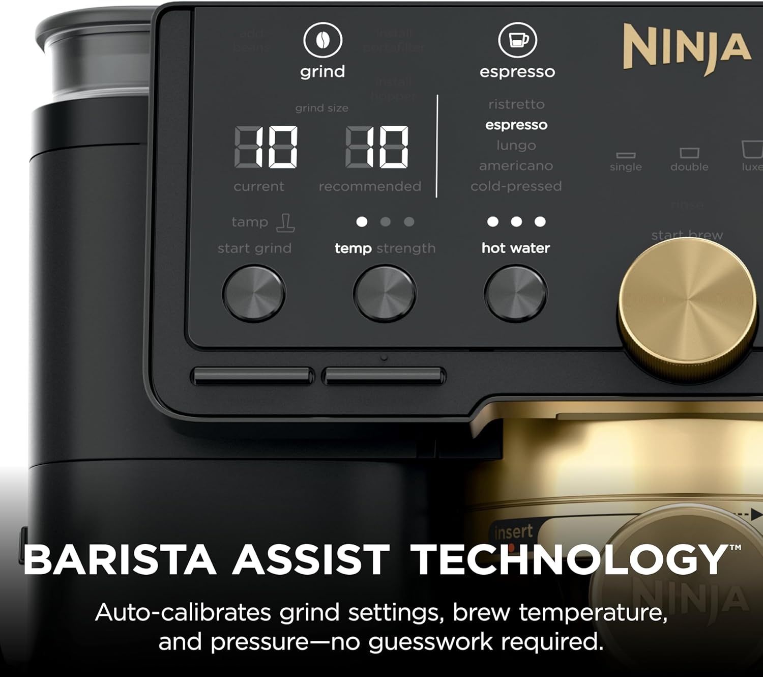 image:imageNinja Luxe Caf Pro designed by David Beckham Espresso Machine Drip Coffee Cold Brew Hot Water Integrated Tamper Builtin Grinder HandsFree Frother for Lattes amp More BlackGold ES771BKBlackGold