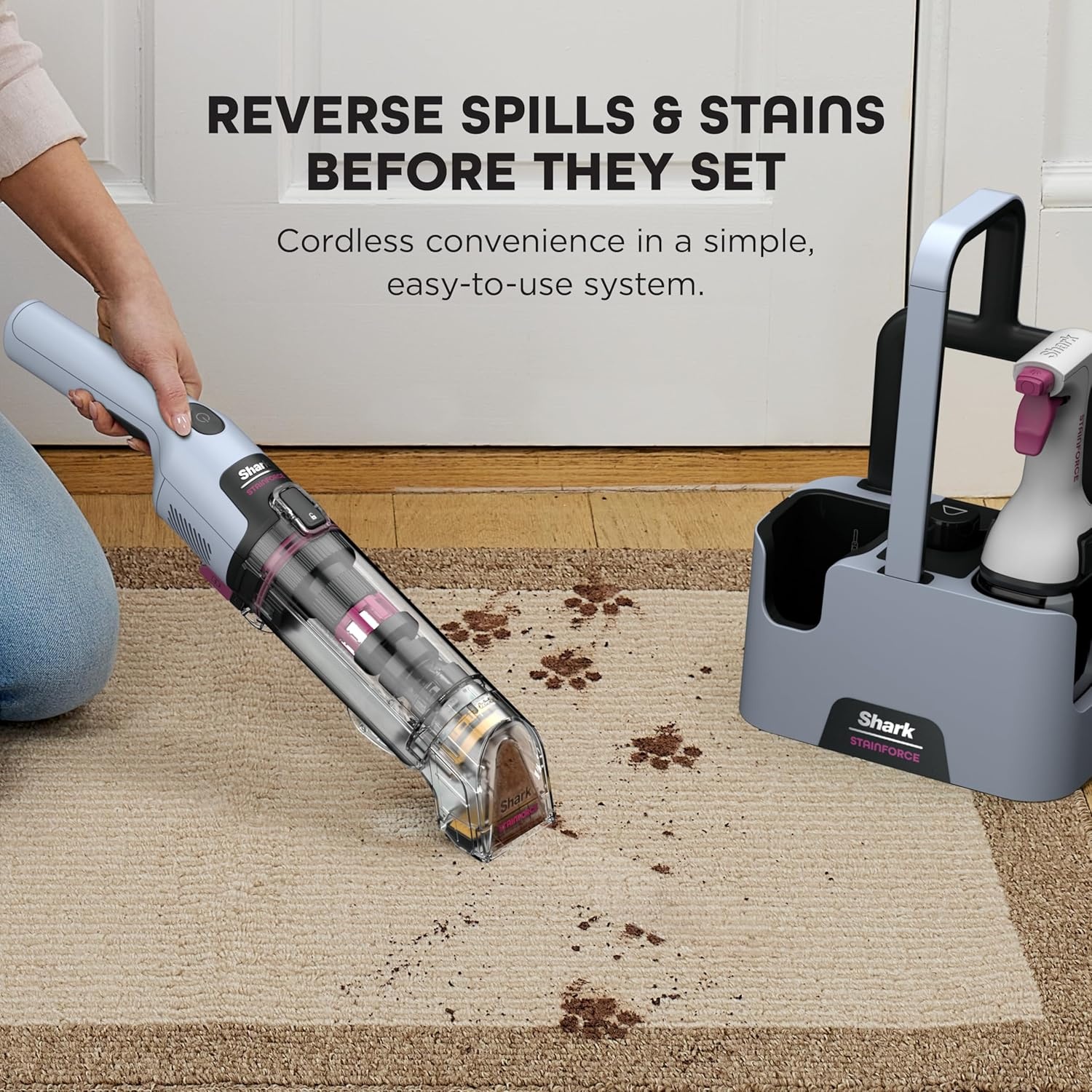 image:imageShark StainForce Cordless Spot Cleaner DualActivated Easy Spray Formula OXYPowered Stain Cleaning Indoor Outdoor Carpets Upholstery Car Seats amp Stairs Pet Urine amp Odor Remover HX101StainForce w Stain Eliminator Tool Wide Stain Tool