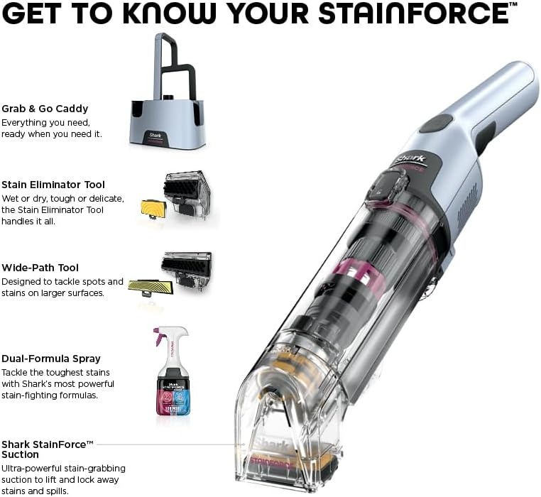 image:imageShark StainForce Cordless Spot Cleaner DualActivated Easy Spray Formula OXYPowered Stain Cleaning Indoor Outdoor Carpets Upholstery Car Seats amp Stairs Pet Urine amp Odor Remover HX101StainForce w Stain Eliminator Tool Wide Stain Tool