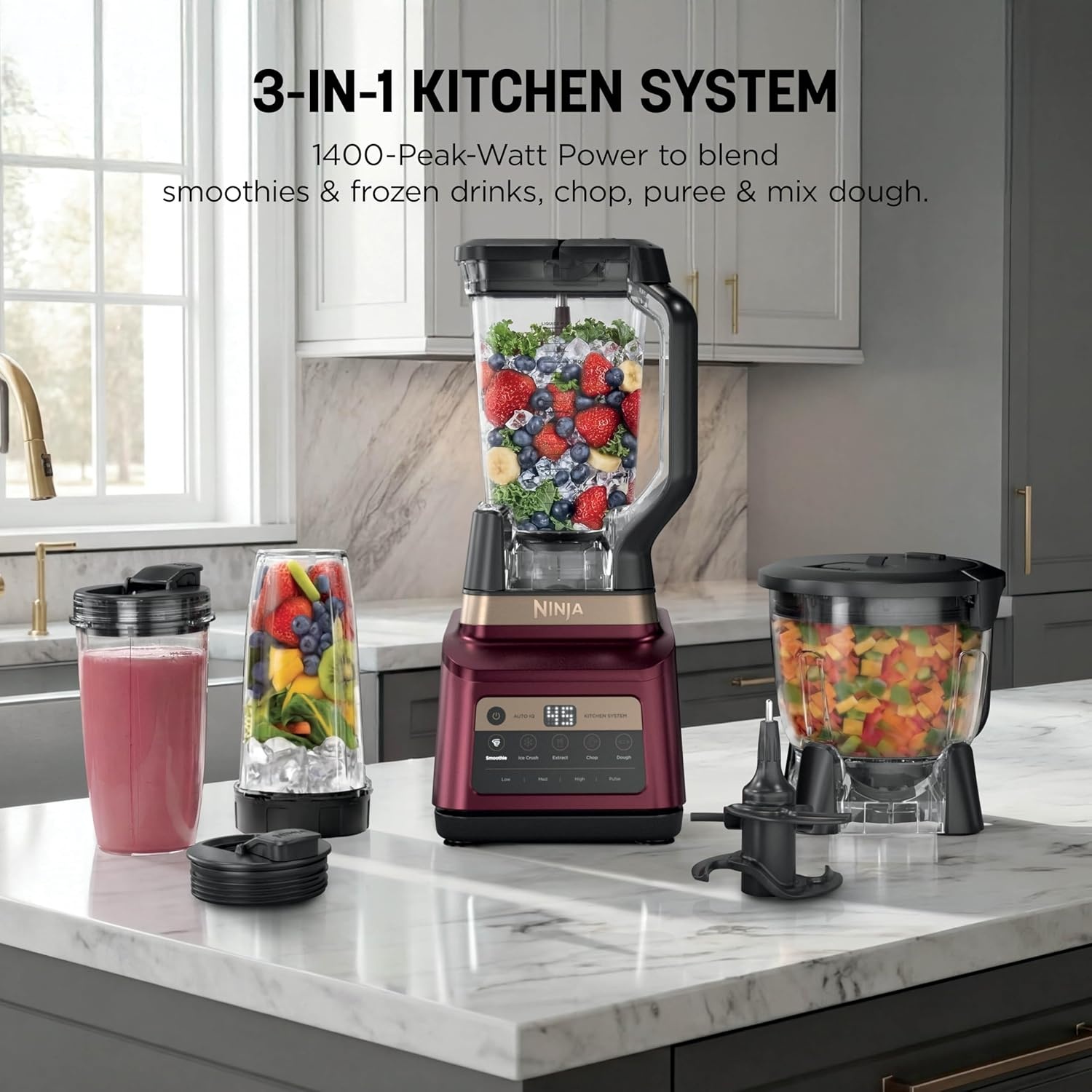 image:imageNinja Professional Plus Kitchen System Premier 3in1 System I Food Processor Blender Mixer Vegetable Chopper Auto IQ Tech I 1400W 72oz Pitcher 64oz Bowl 2 ToGo Cups Red BN801RD1BRNBlender XL Bowl 2 24ozCups