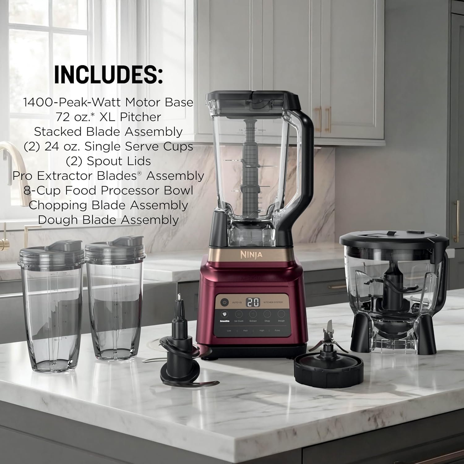 image:imageNinja Professional Plus Kitchen System Premier 3in1 System I Food Processor Blender Mixer Vegetable Chopper Auto IQ Tech I 1400W 72oz Pitcher 64oz Bowl 2 ToGo Cups Red BN801RD1BRNBlender XL Bowl 2 24ozCups