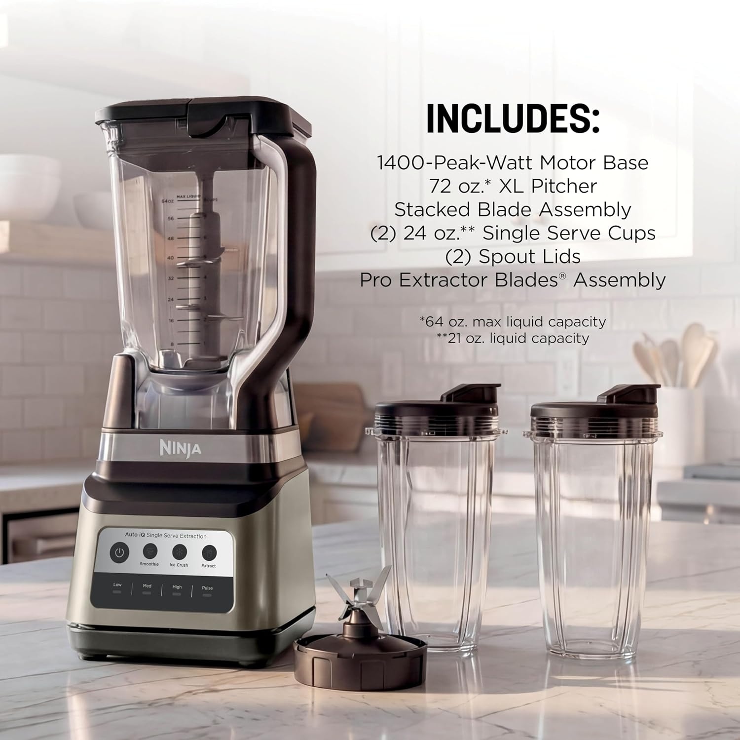 image:imageNinja Professional Plus Kitchen System Premier 3in1 System I Food Processor Blender Mixer Vegetable Chopper Auto IQ Tech I 1400W 72oz Pitcher 64oz Bowl 2 ToGo Cups Red BN801RD1BRNBlender 2 Cups